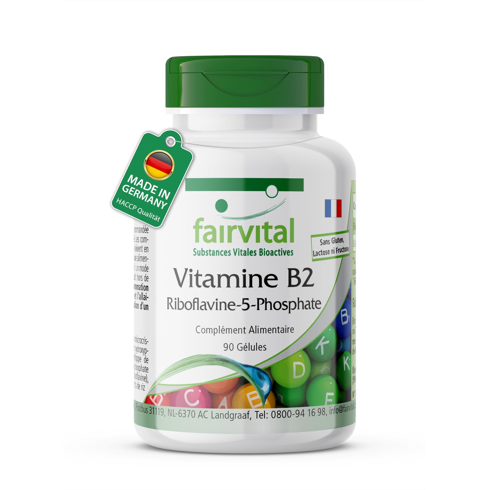 fairvital Riboflavine-5-phosphate, vitamine B2 active, HAUTEMENT DOSÉE, VÉGÉTALIENNE, 90 gélules, faciles à avaler