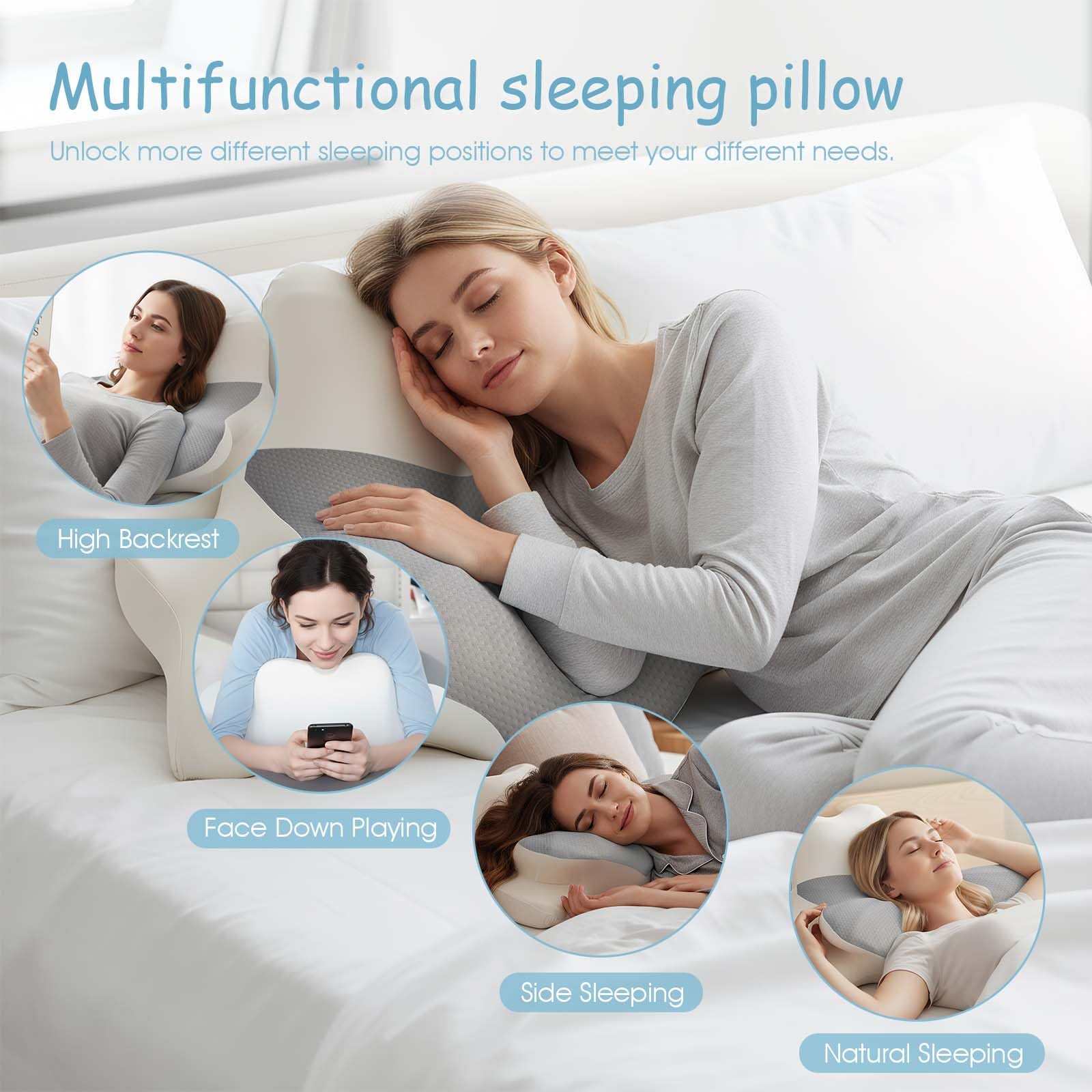 OKYUK Almohada Cervical 4 en 1 ergonómica con diseño de Dos Zonas, Almohada de Espuma viscoelástica con Funda extraíble para los Lados, la Espalda y el Vientre (Gris-Blanco)