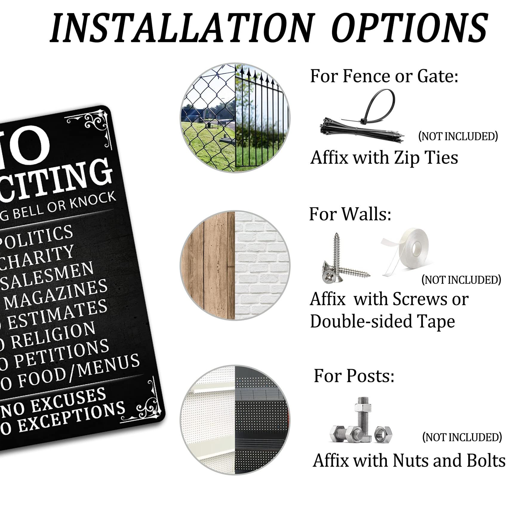 Cartello in metallo con scritta No Soliciting Do Not Ring Bell Or Knock No Excuses, 30,5 x 20,3 cm