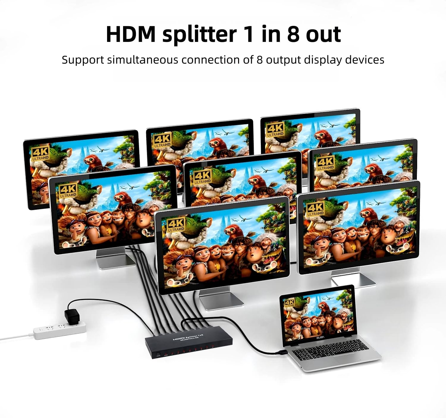 Divisor HDMI 1 en 8 salidas, 4K30Hz 8 puertos HDMI divisor para múltiples salidas de monitores 4Kx2K @30Hz y 3D, divisores HDMI para oficina, proyector, HDTV, copia/espejo