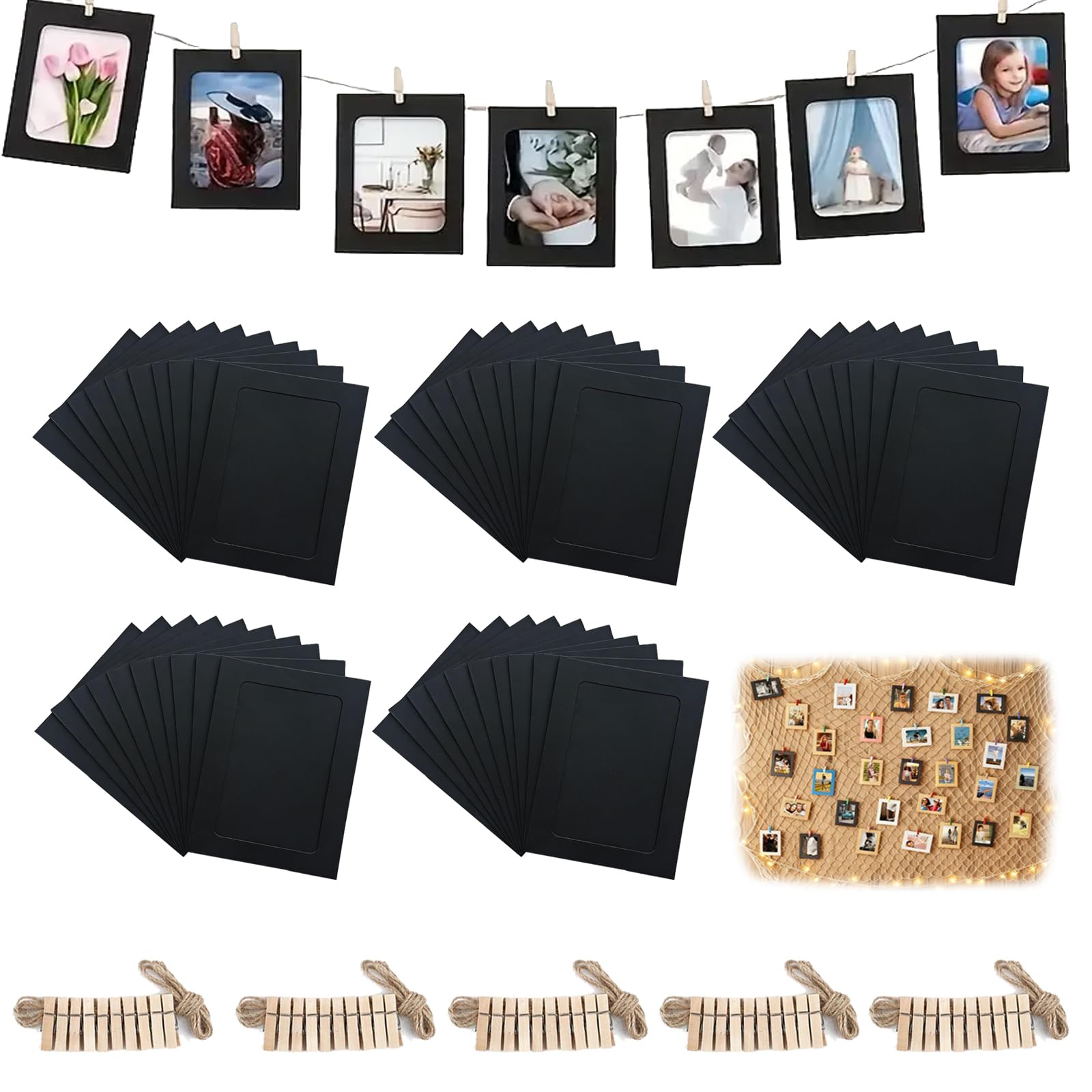 Hexizexi 50 Pcs 4x6 Inch Paper Photo Frames Black Hanging Cardboard Photo Frames with 50 Wooden Clips and 5 Hemp Ropes for Home Office Birthday Wedding Wall Decor