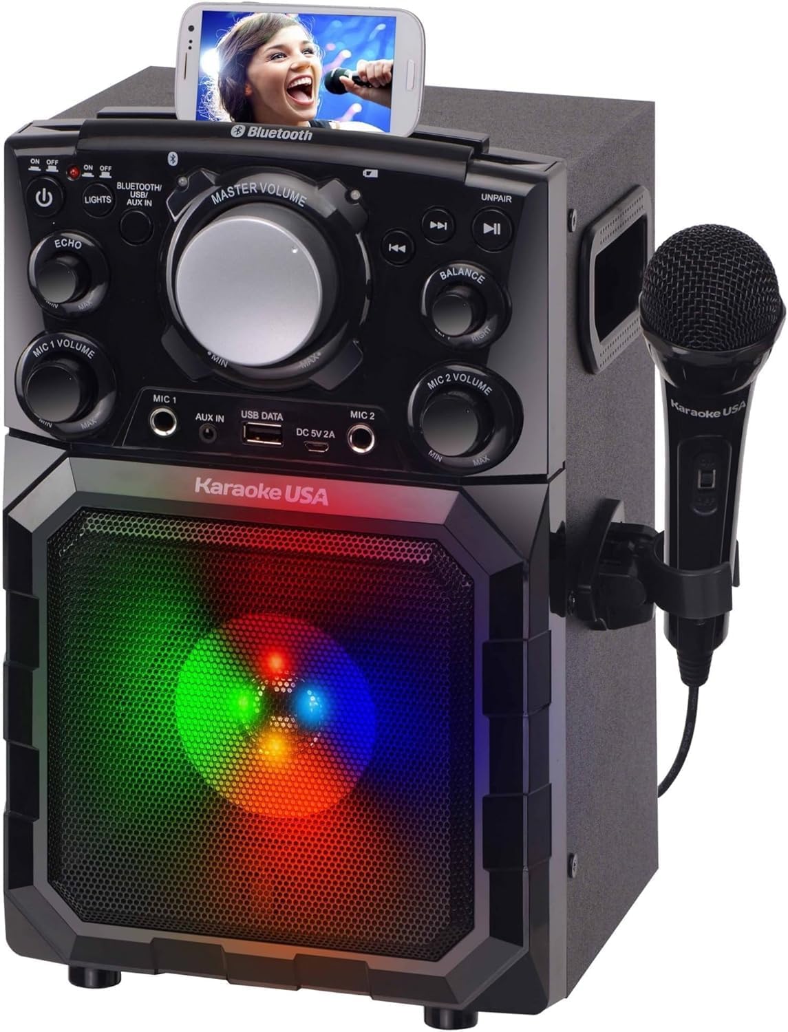 OGQ410 Portable MP3 Karaoke Player with Bluetooth, PA System & Built-in Rechargeable Battery | Light-Up Speaker with LED Effects, Dual Microphone Inputs, USB Playback & Wireless Streaming