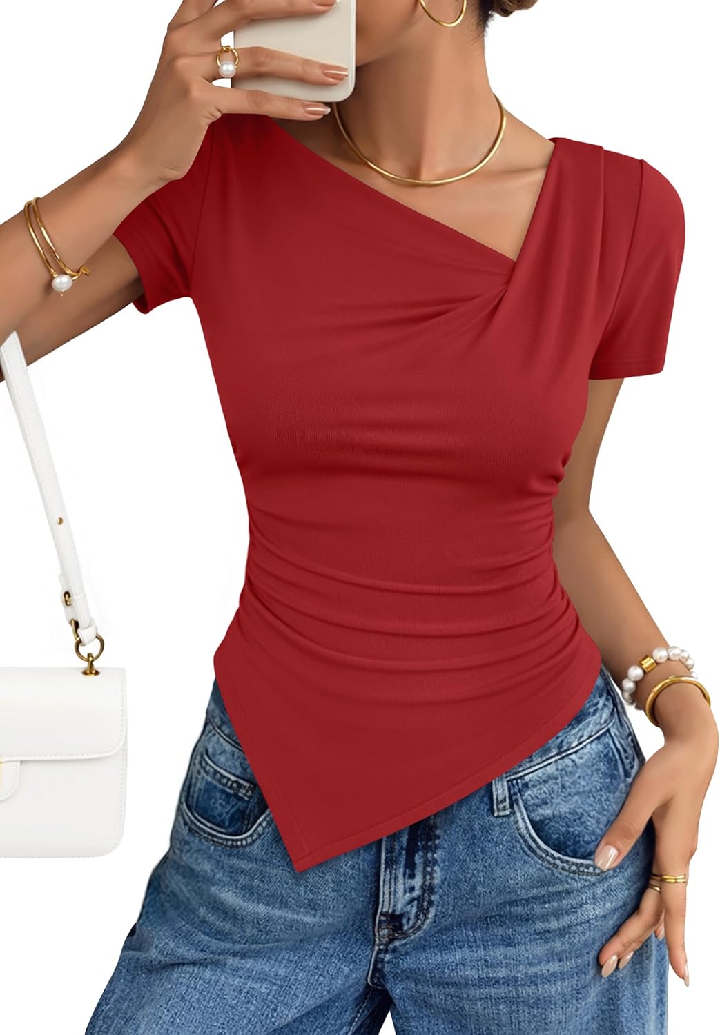 ZESICA Asymmetrical Short Sleeve Shirts for Women 2026 Summer Going Out Tops Ruched Outfits Fashion Y2K Clothes