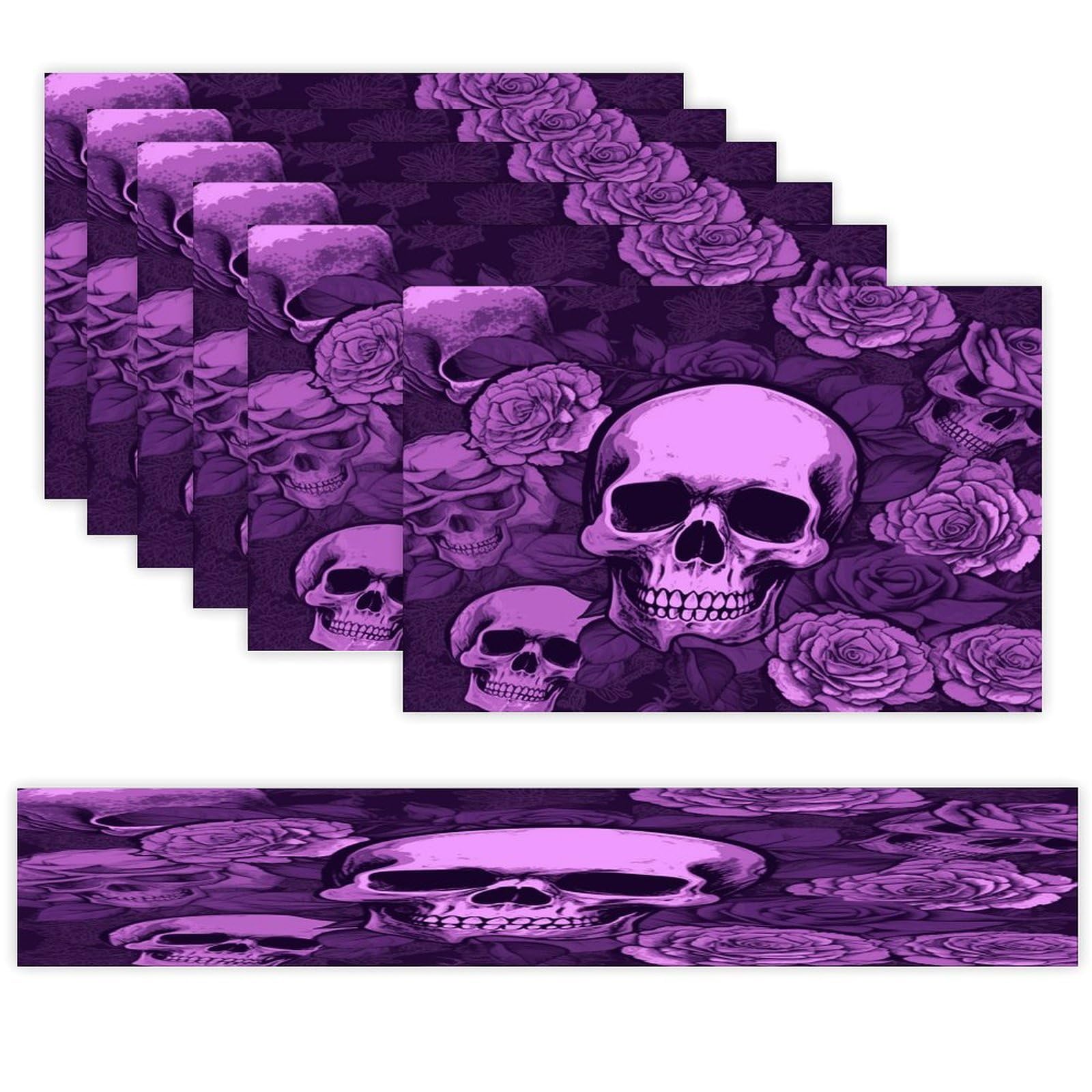 Purple Skulls and Roses Table Runner and Placemats Set of 6 Heat Resistant Table Runner Place Mats Modern Cloth Table Mat Washable Linen Placemat Festive Reusable Set