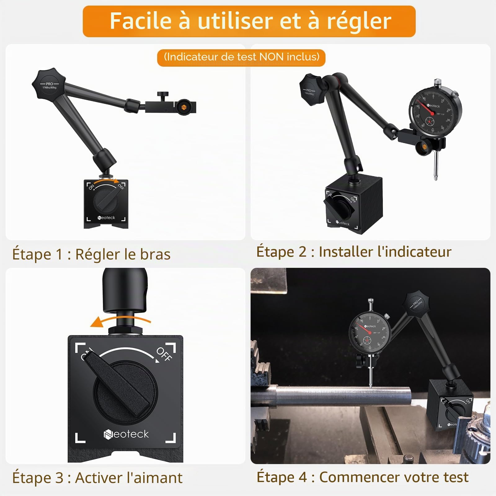 Neoteck 80KG Base Magnétique avec Bras Articulé pour Indicateur Numérique ou à Cadran – Support en Acier avec Interrupteur ON/OFF – Pour Usinage et Mesure de Précision - Noir