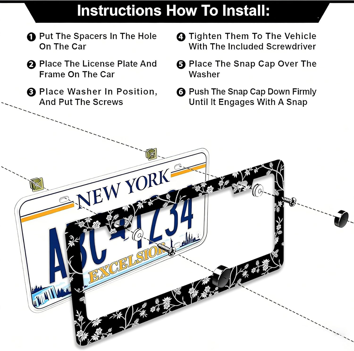 2 Pcs Black White Wild Flowers License Plate Frames - 2 Holes Stainless Steel Metal Auto Car Accessories Decoration License Plate Frame Cover Size 6.3" x 12.2" Fit US Vehicles for Women Men Gift