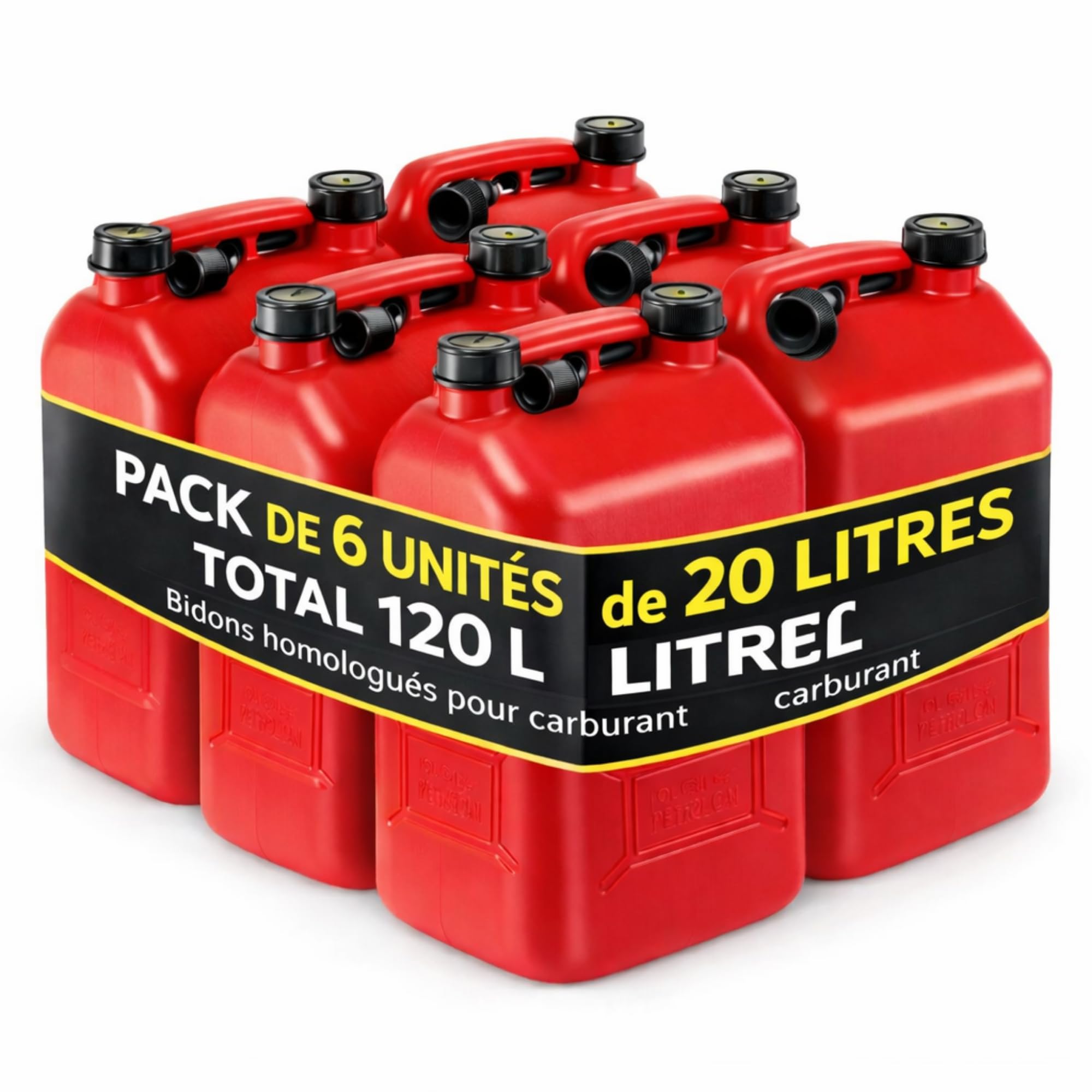 Jerrican Essence 20L Homologué Plastique avec Jauge de Niveau - Bidon Carburant Pack 6 Unités - Pour Essence Gasoil et Diesel, 120L Total - Rouge
