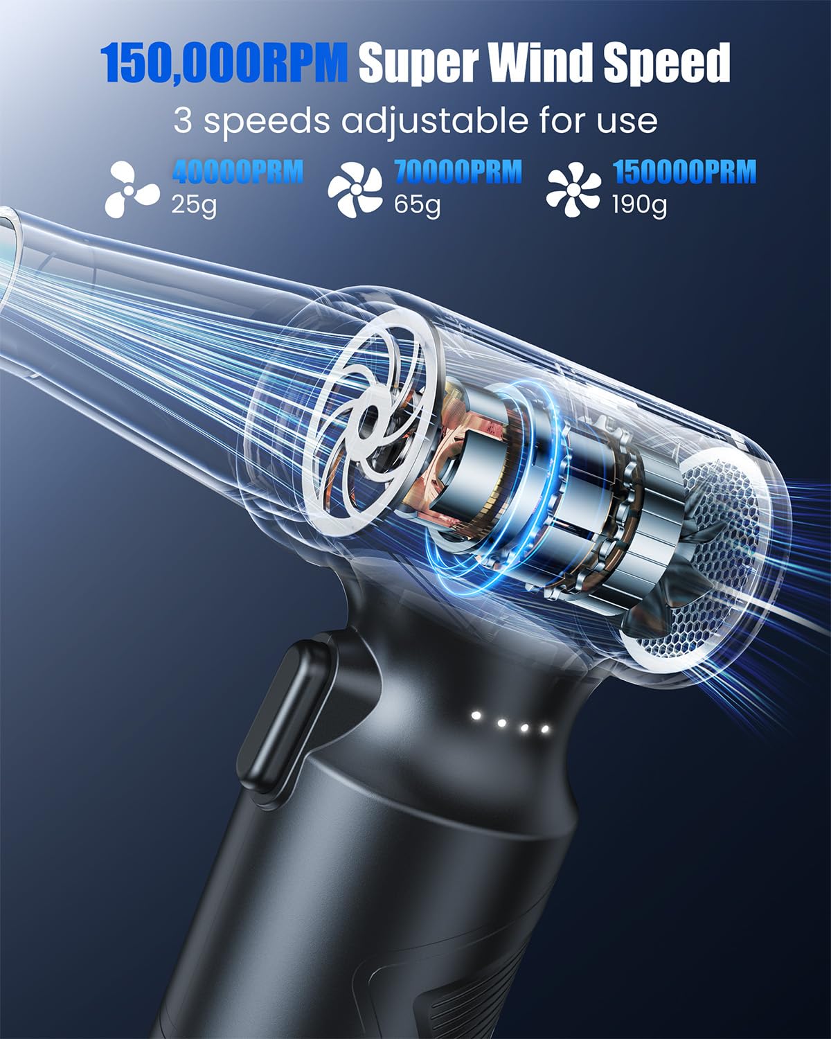 Famgoods Souffleur Air Comprimé,150000 tr/min,3 Vitesses Soufflette Sans fil à Batterie Puissant,Mini Souffleur PC,Soufflette Electrique avec lumière LED Adapté Clavier,Voiture,Maison Propre,Extérieur
