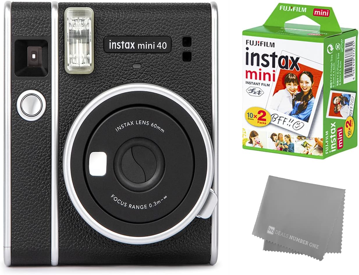 Fujifilm Instax Mini 40 Instant Camera with Fujifilm Instant Mini Film (20 Sheets) Bundle with Deals Number One Microfiber Cleaning Cloth (Black) : Electronics