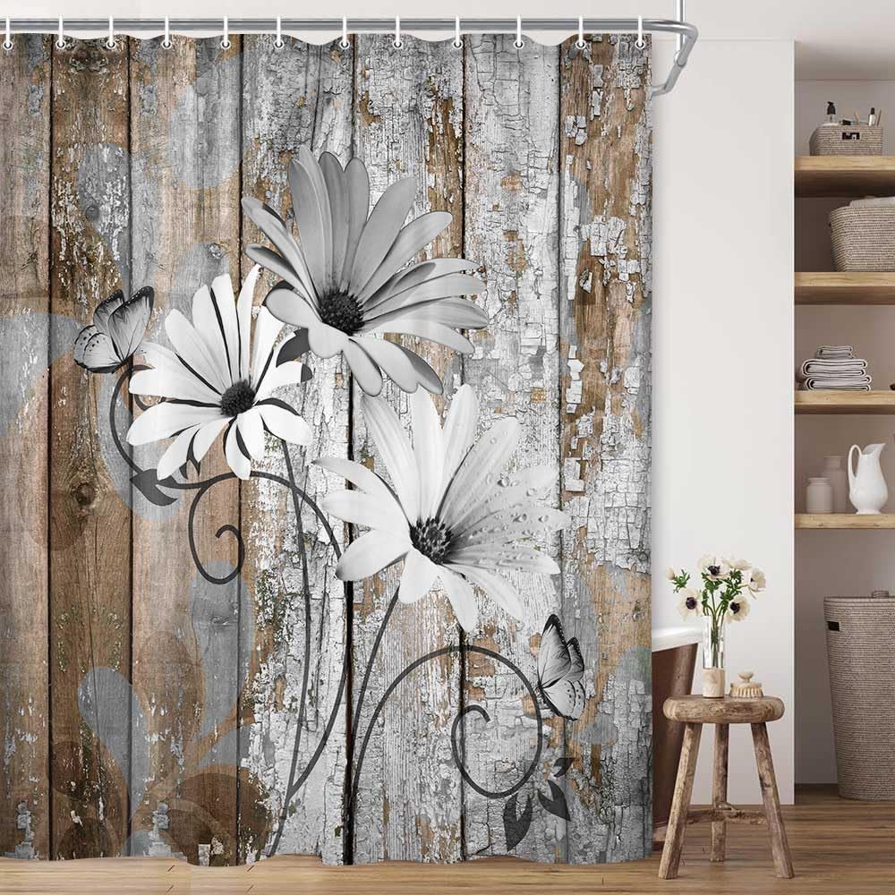 JAWO 4 Piece Grey Daisy Flower on Rustic Wooden Plank Country Style Shower Curtain Sets with Non-Slip Rugs, Toilet Lid Cover and Bath Mat, Shower Curtain with 12 Hooks