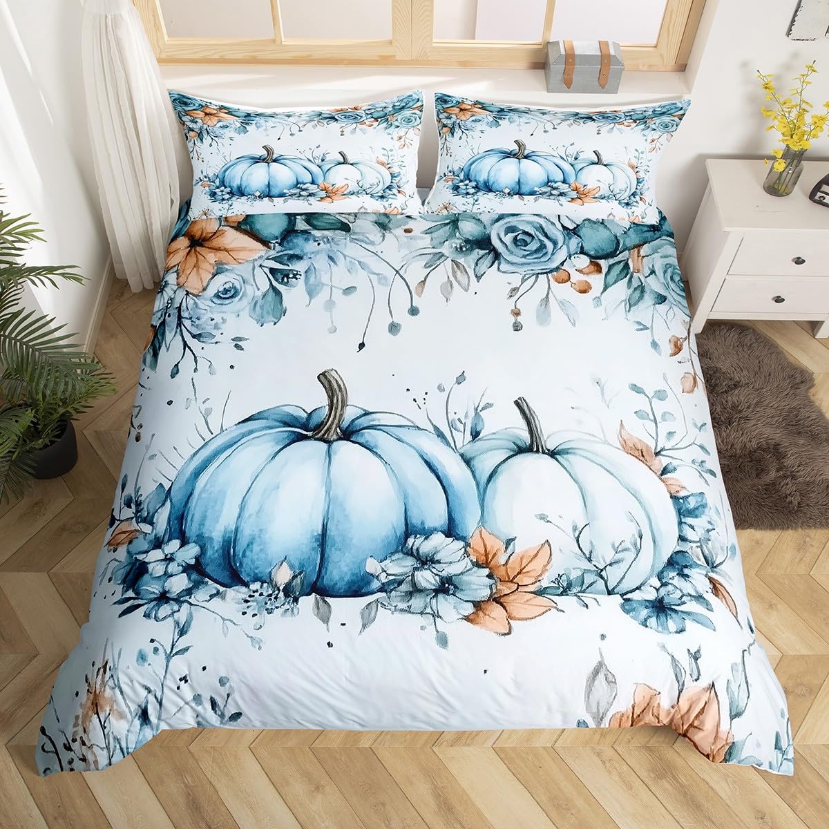 Homewish Fall Blue Pumpkin Bedding Set Double Watercolor Maple Eucalyptus Leaves Quilt Set Autumn Thanksgiving Comforter Set for Kids Adults,Rustic Farmhouse Style Duvet Room Decor