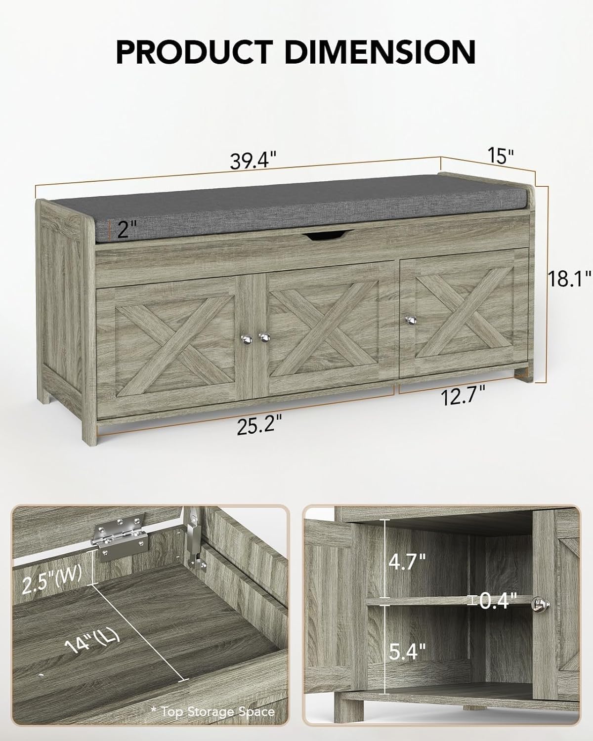Pipishell 2-Tier Shoe Storage Bench with Cushioned Seat, Entryway Bench with Adjustable Shelf & Barn Doors, 300 lbs Capacity, 39.4" W x 16" D x 18" H, for Entryway, Bedroom, Living Room, Gray