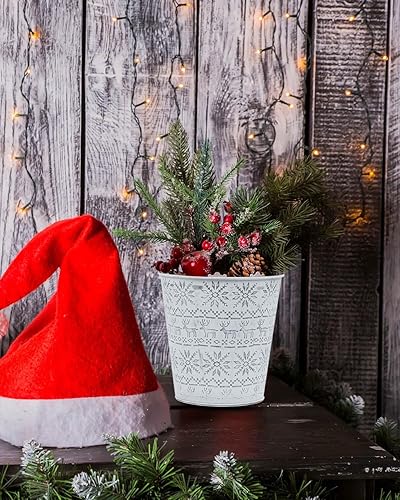 Miniatura 5 de Cubos de metal galvanizado blanco de Navidad, 6 macetas rústicas de hojalata con orificio de drenaje y enchufe, regalo de Navidad, maceta vintage