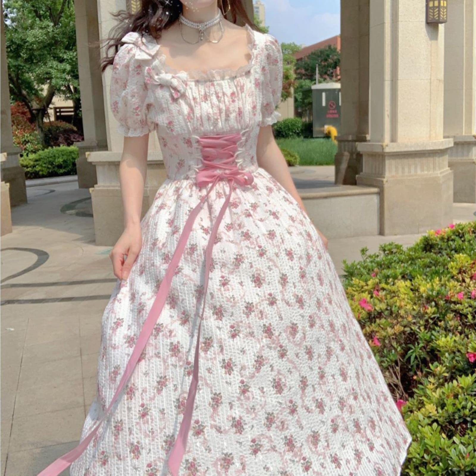 HASU Women's Lace Up Flower Dress, Korean Version, Princess Fairy, Sweet, Pink, L Fashion