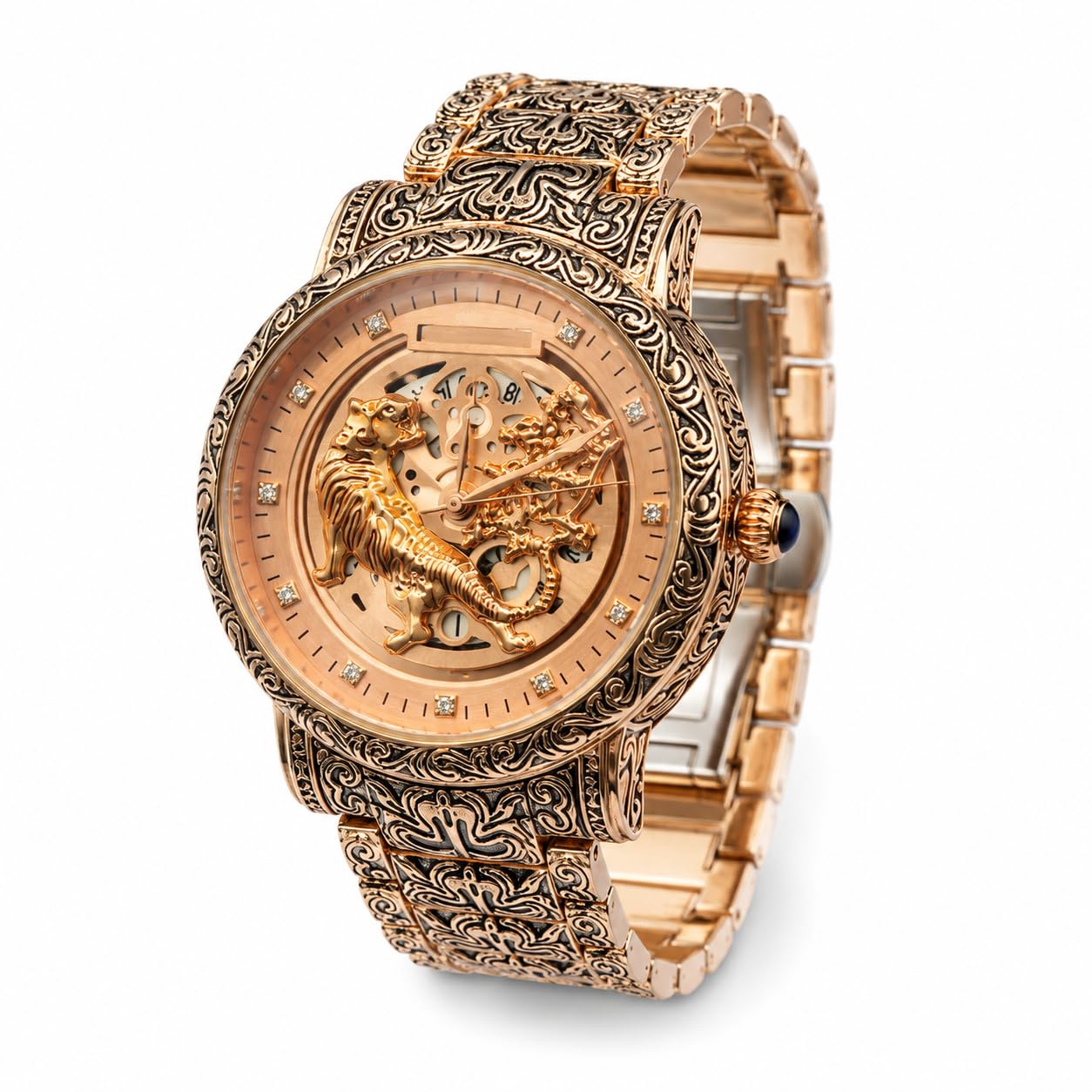 Tiger Skeleton Automatic Watch, Gold-Tone Mechanical Timepiece with Engraved Metal Strap, Luxury Analog Dial, Premium Wristwear, Collectible Tiger Design-image-30