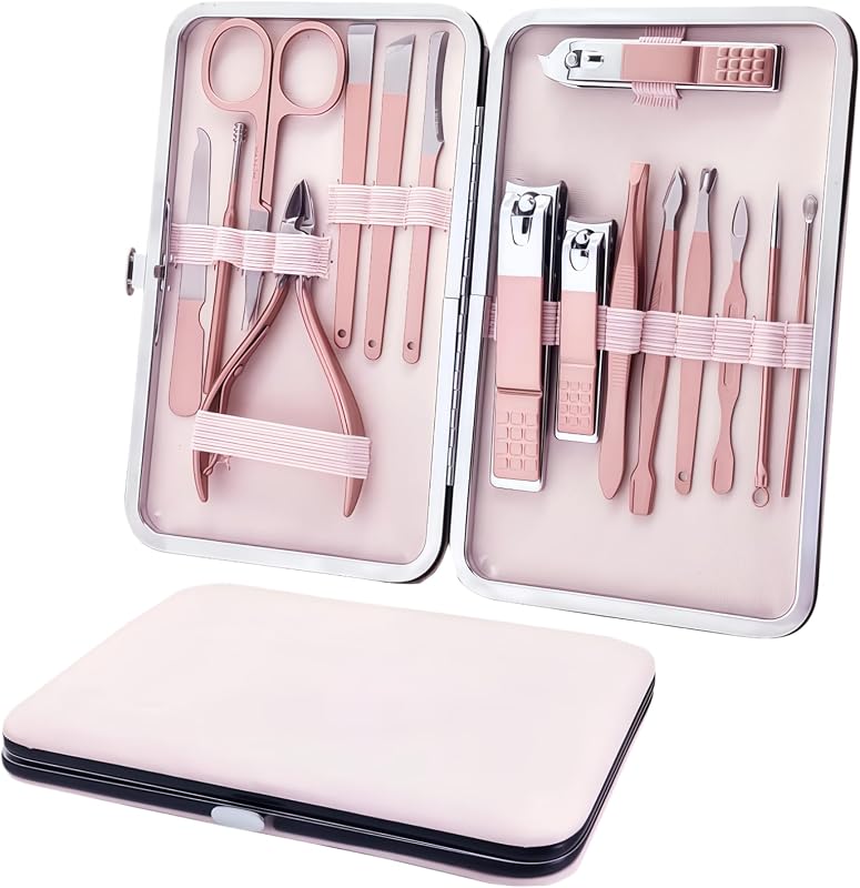 Kit de manicura y pedicura de 16 PIEZAS - Juego profesional de cortaúñas de acero inoxidable con estuche de viaje rosa portátil, herramientas de aseo todo en uno de oro rosa para mujeres, set de regalo ideal para el cuidado de las uñas
