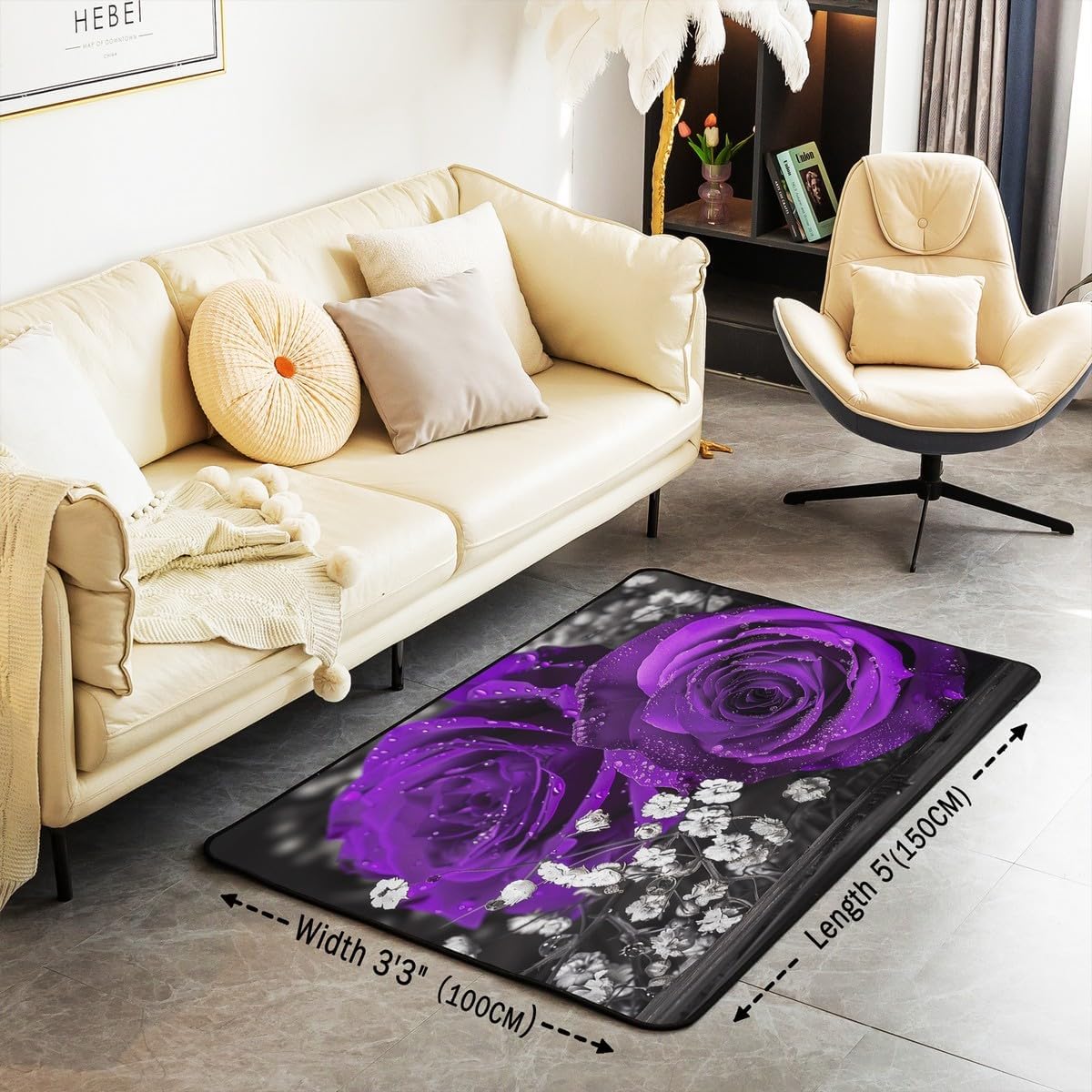 Purple Floral Area Rug 3x5 for Bedroom Living Room, Romantic Purple Rose Rug for Girls Boys Women Men, Elegant Rose Flowers Carpet Non Slip, Valentine's Day Room Decor Indoor Floor Mat, Black Grey