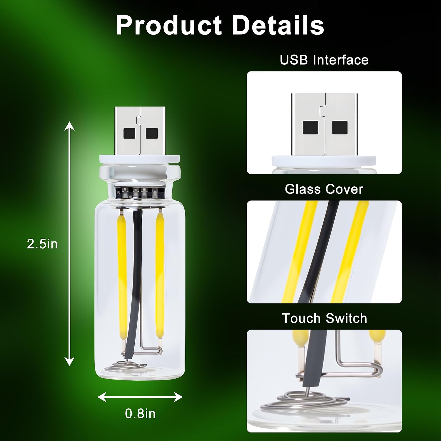 2 Packs USB Light for Car, Touch Dimmable Car Interior Ambient Lights - Portable Mini USB LED Light Bulb, Retro Glass Bottle Night Light for Vehicle, Bedroom, Hallway, Camping(Green) image 5