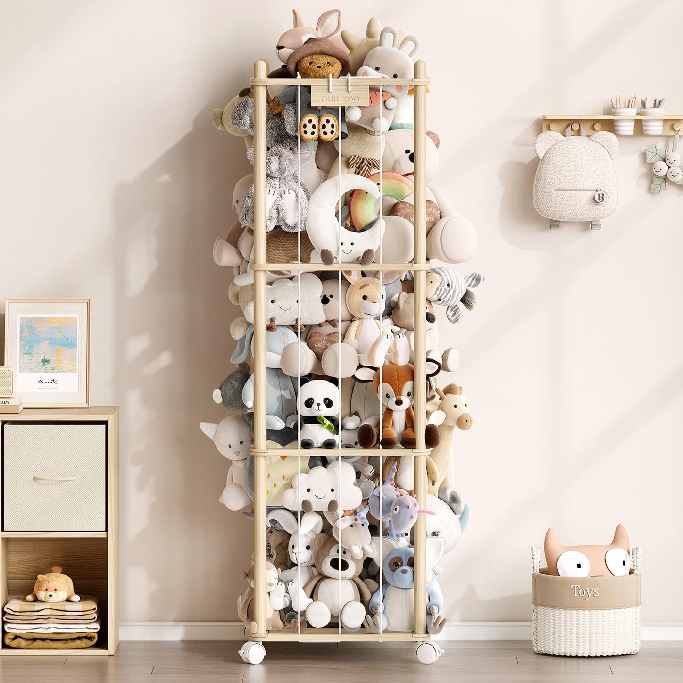 Stuffed Animal Storage,Wood Stuffed Animal Storage Zoo with Wheels,Vertical Stuffed Animal Holder with Thicker Elastic Band, Toy Storage Organizer Kids for Playroom, Living Room, Nurseryroom, Bedroom