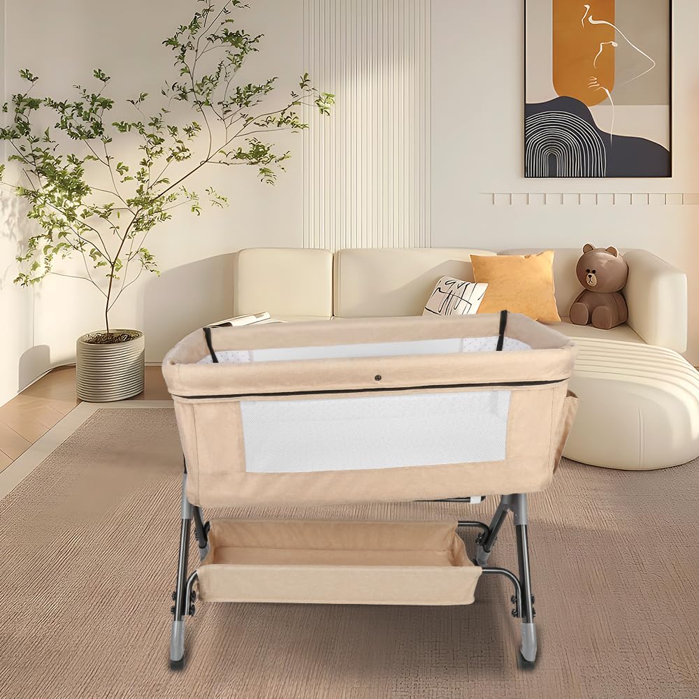 HUOLE Lit Cododo Bebe 4 Niveaux Couffin Dormir Securite Portable Plier Nouveau-ne 104x52x100-110 cm Blanc casse