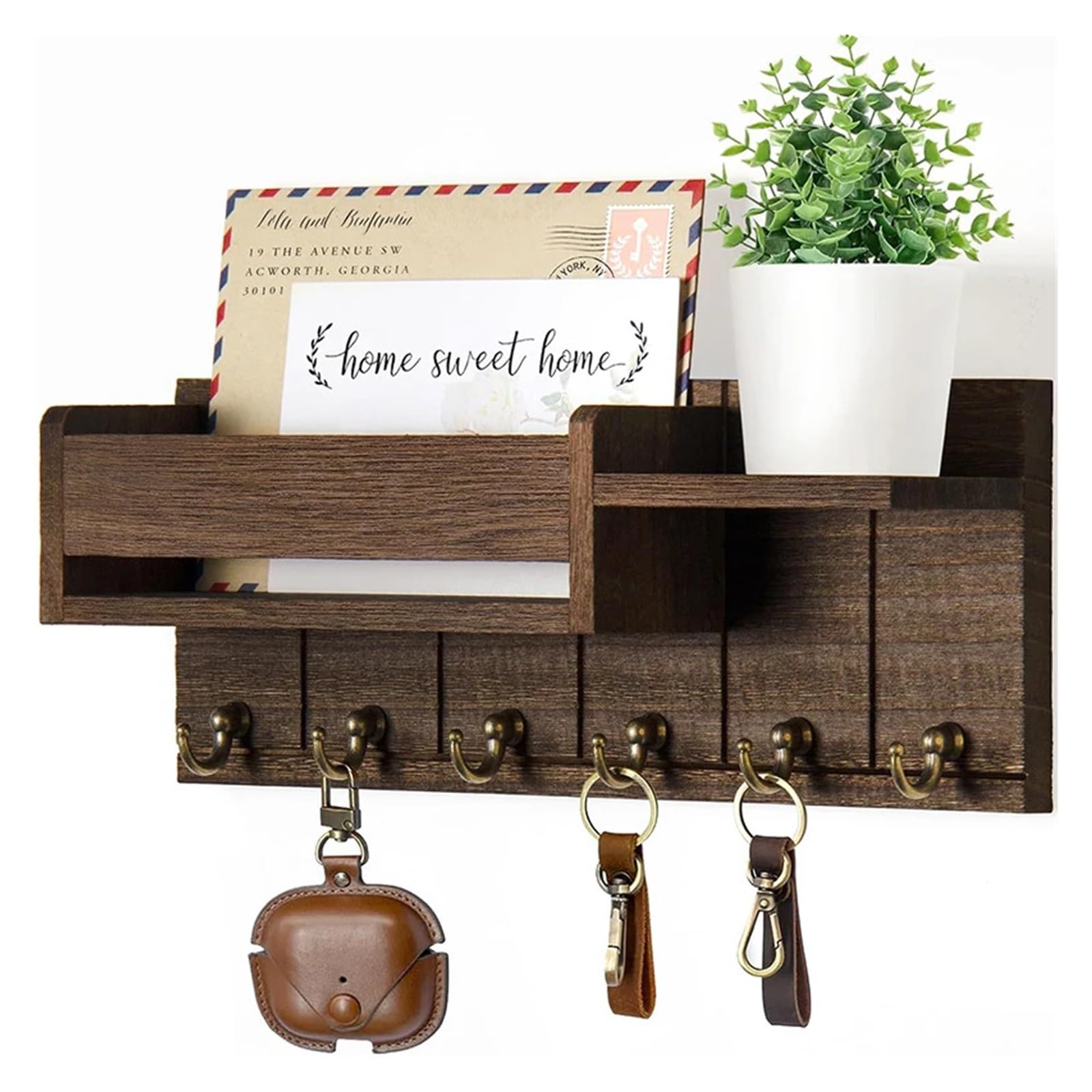 KIFSDLF Wood Key Rack Mail Organizer 6 Hooks Storage