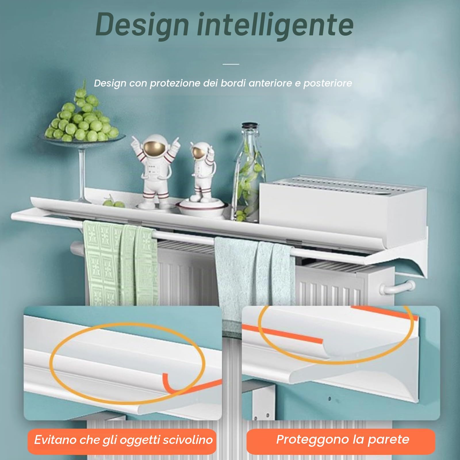 Copritermosifone Migliorata Bianca con Asta Portasciugamani, Mensola sopra Termosifone Senza Foratura Profondo 14cm, Copricalorifero in Lega di Alluminio con Staffa Facile da Montare,L 60cm/23.7in