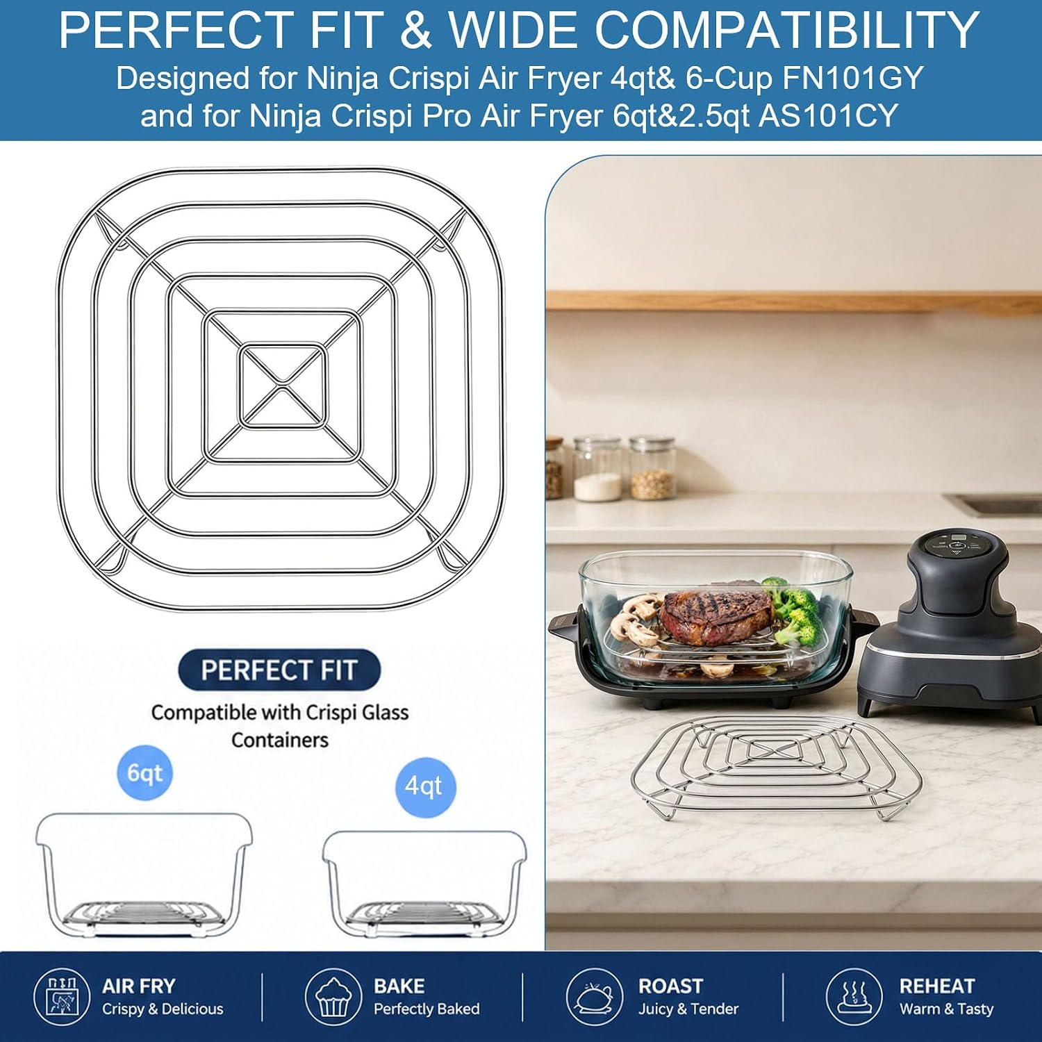 Air Fryer Crisper Rack, 2 Pieses Set Food Grade Stainless Steel Air Fryer Accessories Wire Rack Replacement Parts Crisper Plate for Ninja Crispi FN101 Ninja Crispi Pro AS101 Glass Air Fryer