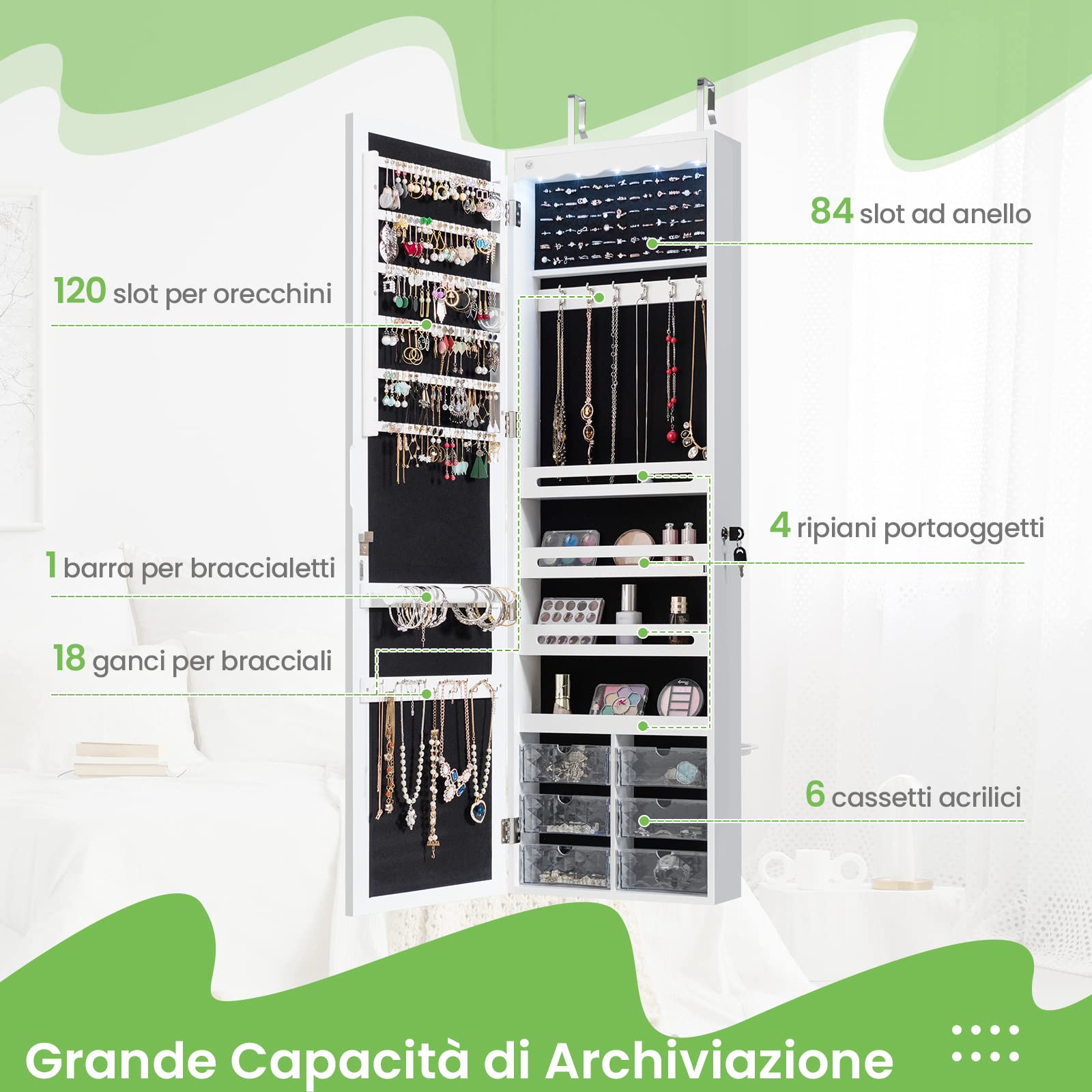 GYMAX Armadietto Portagioie da Parete, con Luci a LED e Specchio, 6 Cassetti, Serratura di Sicurezza, Grande Spazio per Collane e Gioielli, 36,5 x 11,5 x 120 cm (bianco)