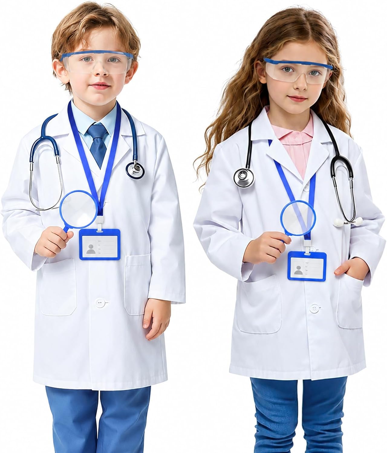 Bata de Laboratorio Niños, Bata Blanca LaboratorioNiño Niña, con Gafas Protectoras y Permiso de Trabajo, Disfraz Doctor Niño, Bata Cientifico para Estudiant Escuela Hospital Cosplay
