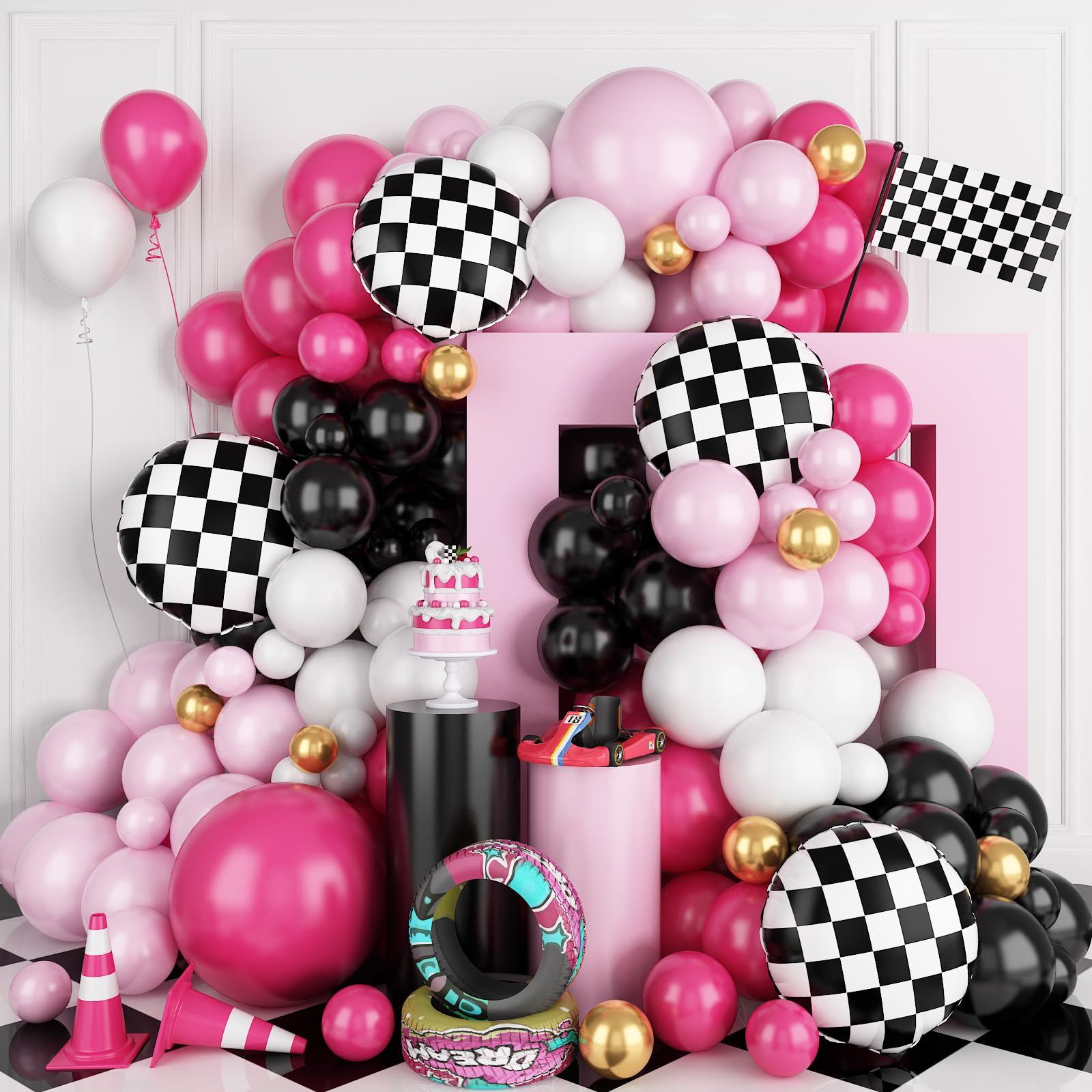 FunHot Pink Race Car Balloon Arch Garland Kit, Hot Pink Black Balloons Arch with Black and White Plaid Foil Balloons for Kids Girls Racing Car Theme Birthday Baby Shower Party Decorations