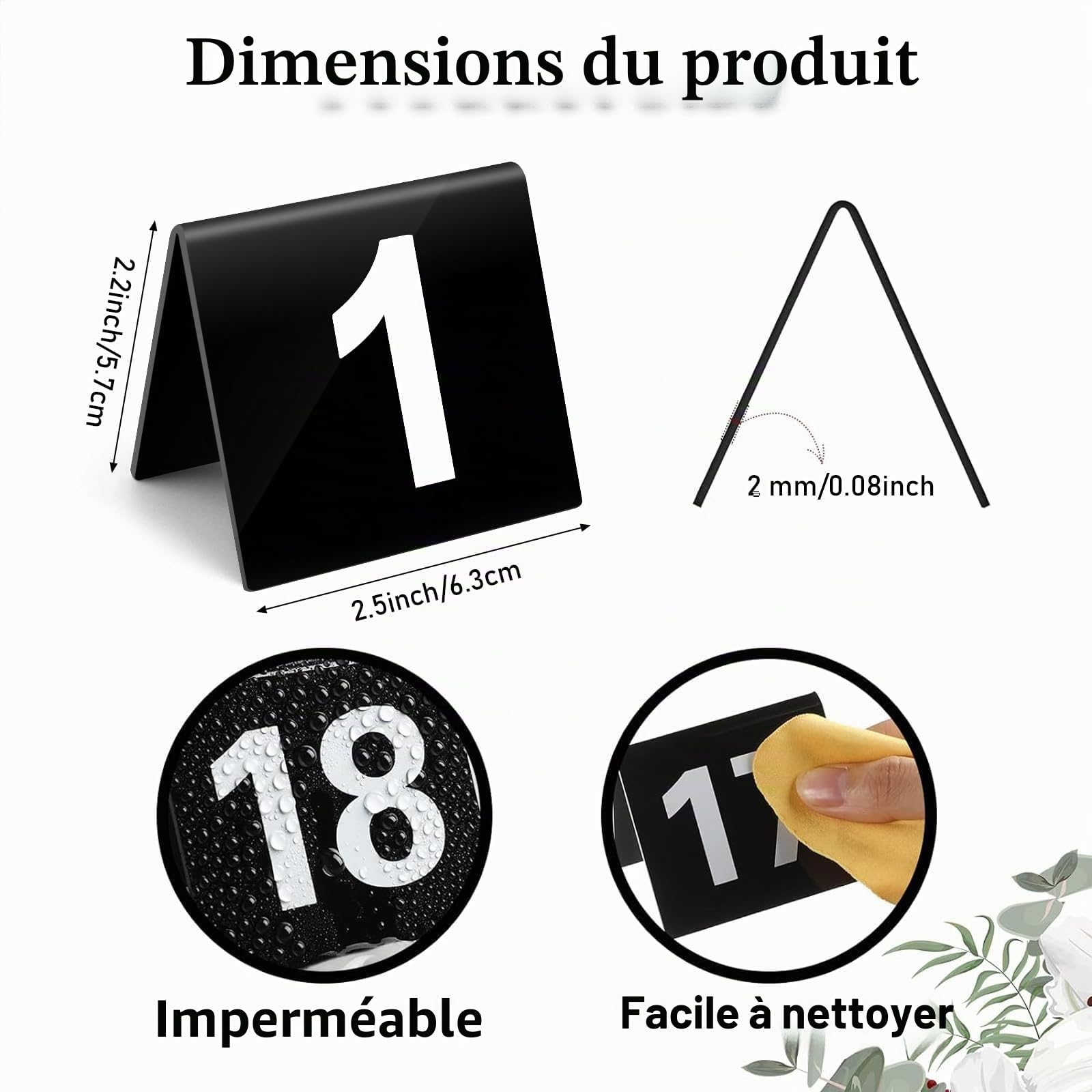 Numéros de table 1-50, tentes de table numérotées en acrylique double face, numéros de table de restaurants mariage pour fêtes banquets réception de mariage (noir)