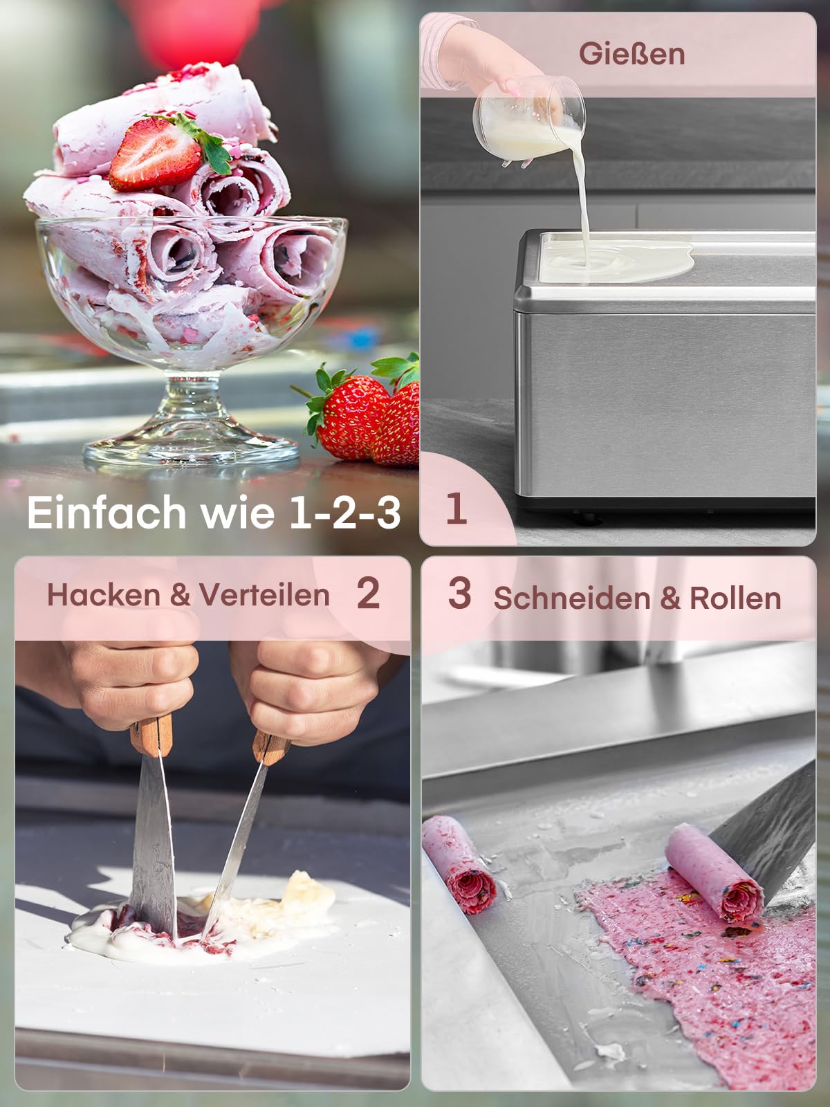 Selbstkühlende Roll-Eismaschine für Zuhause mit Kompressor, Soft Eis in nur 3 Mins, One-Touch Bedienung, Vielfältige Sortenwechsel, Gesunde Selbstgemachte Ice Cream Rolls, Rezept, 2 Spachteln, FOHERE