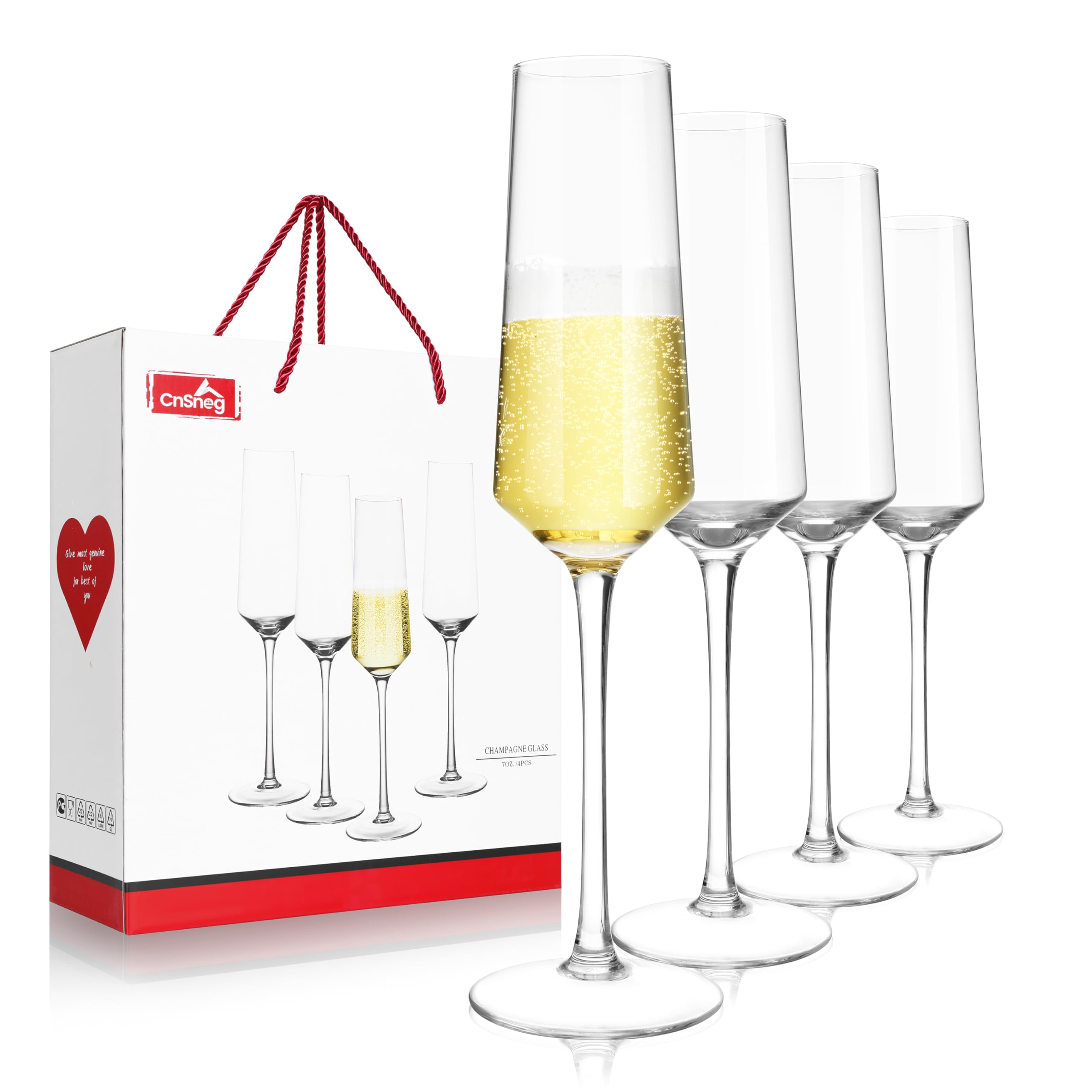 Champagne Flutes Glass Set of 4, Crystal Champagne Glasses 7OZ