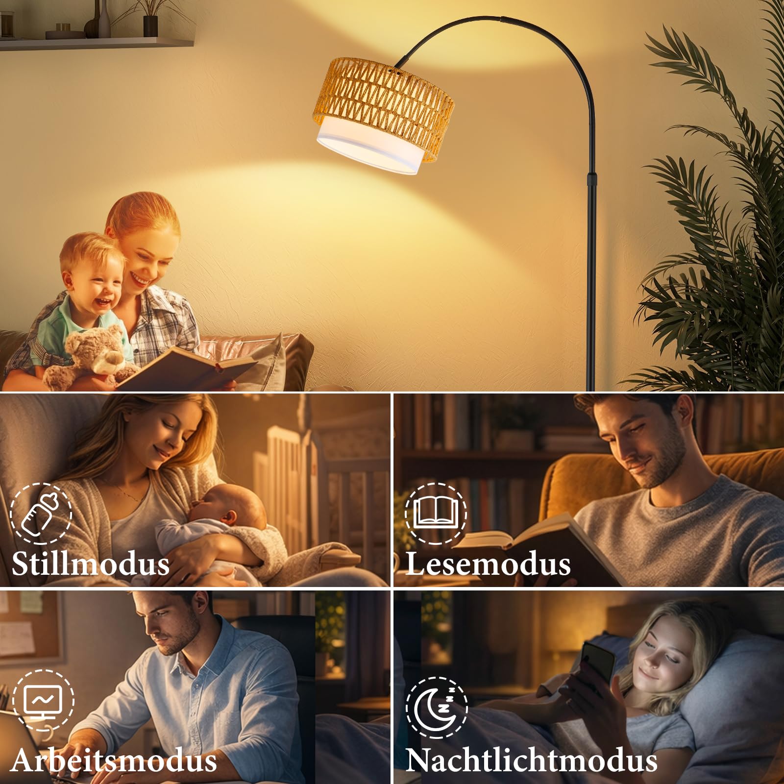 Boho Stehlampe Wohnzimmer Stehleuchte Rattan Bogenlampe Schwarz | Vintage Bogenleuchte Standlampe Bogen Wohnzimmerlampe stehend mit Fernbedienung Leselampe für Schlafzimmer Büro