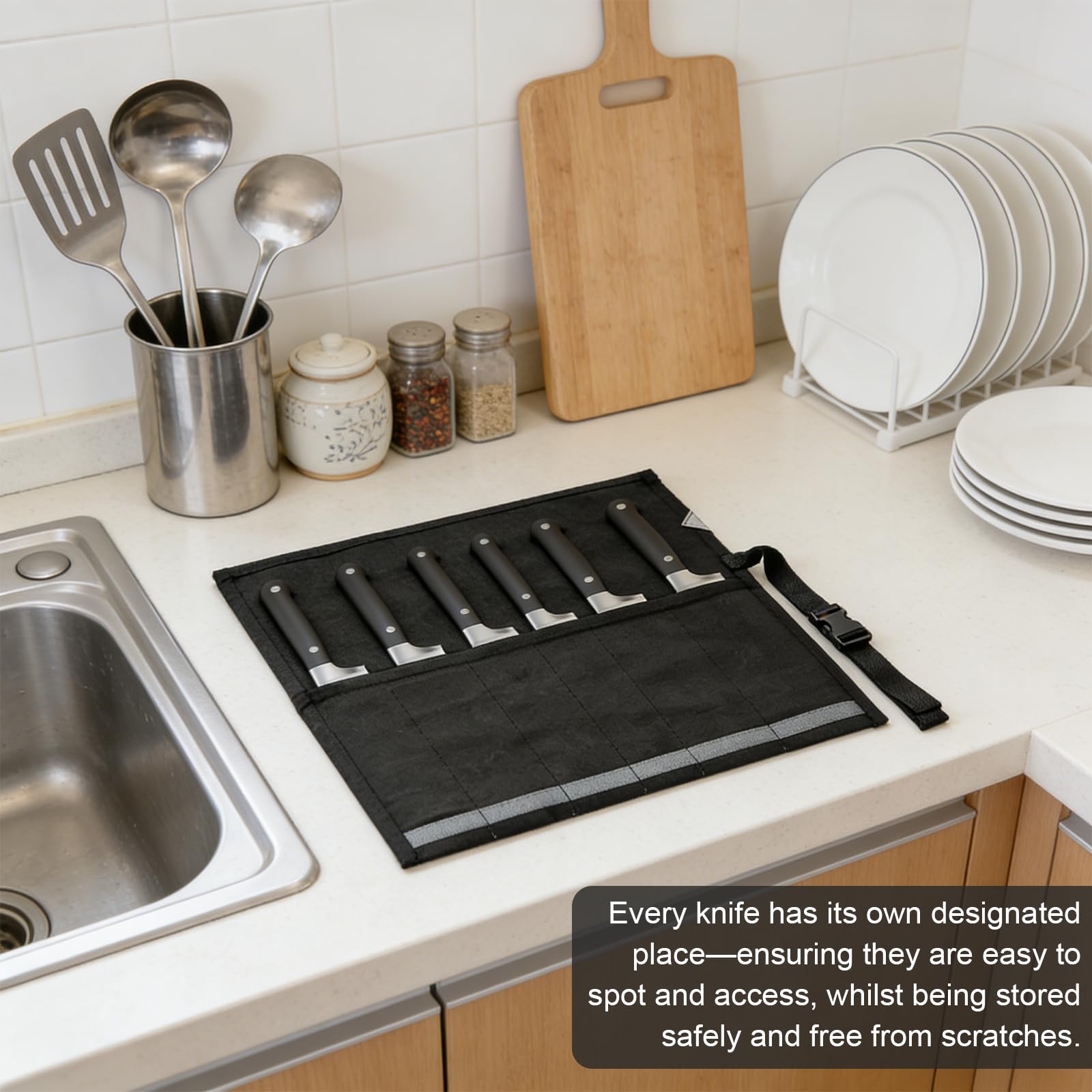 Portacoltelli da Cucina in Oxford, Borsa Porta Coltelli da Chef con 5 Scomparti, Custodia per Coltelli Professionale, Porta Utensili da Cucina, 47.5x27.5cm, Nero