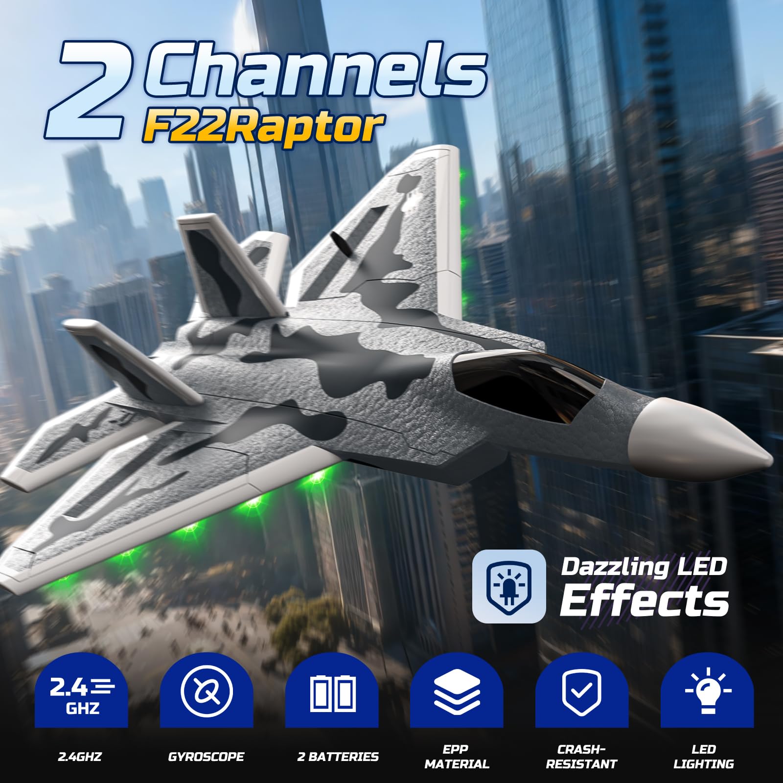 DEERC 2CH F22 Avion Teledirigido con Luces, Avión RC Combate Control Remoto, Planeador RTF con Estabilizador Giroscópico de 6 Ejes de 2.4 GHz y 2 Baterías, Fácil de Volar para Niños y Principiantes.