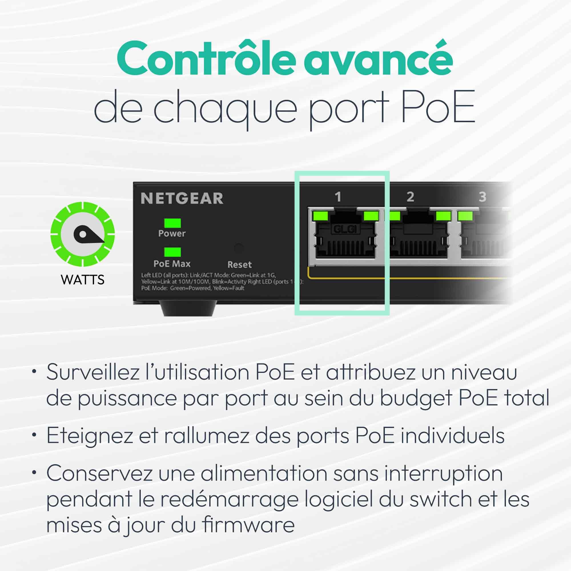 NETGEAR Smart Switch manageable Easy Gigabit Ethernet 5 Ports avec PoE+ - avec 4 Ports PoE+ 63 W, sans Ventilateur, Montage sur Un Bureau ou au Mur (GS105EP)
