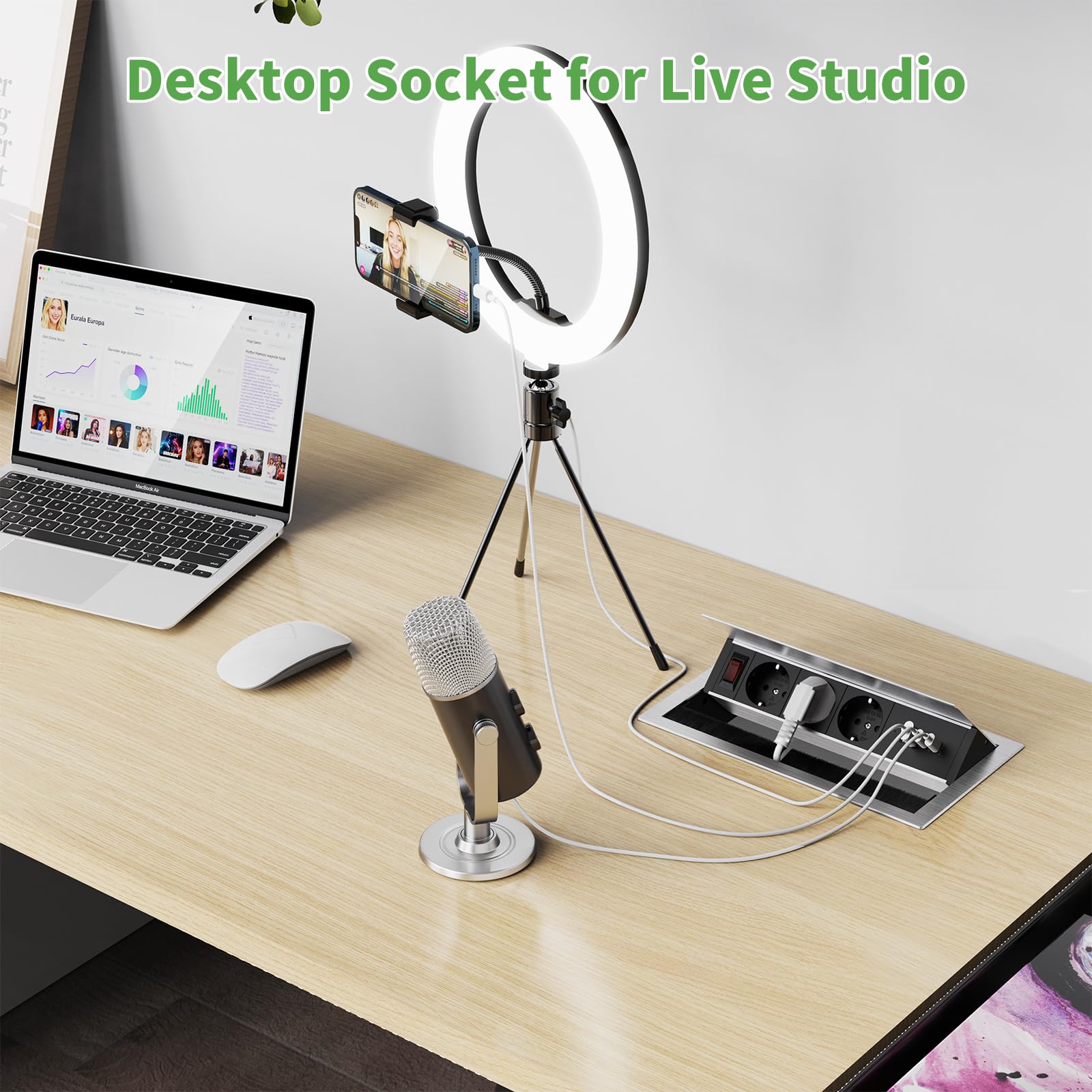 Aluminiowe gniazdko wtykowe z 2 USB-C PD 30 W i 2 USB-A, gniazdko do zabudowy, 3 gniazda z USB i przełącznikiem, wpuszczane gniazdko z USB, do sali konferencyjnej, domu, biura, kabel 1,8 m, 2400 W/10