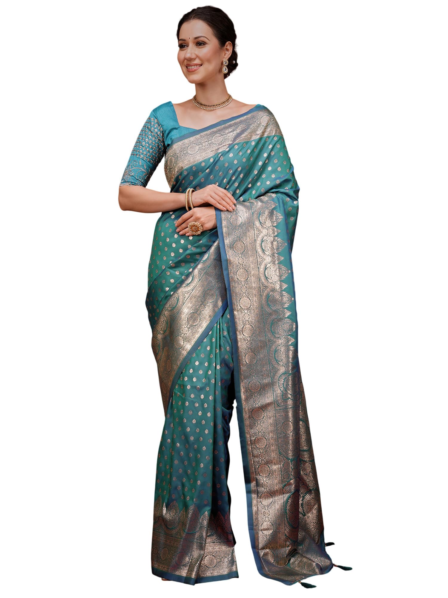 Women's Turquoise Silk Blend Zari butta Saree With Unstitched Blouse Piece (RUPAL5001_SRK)-image-14