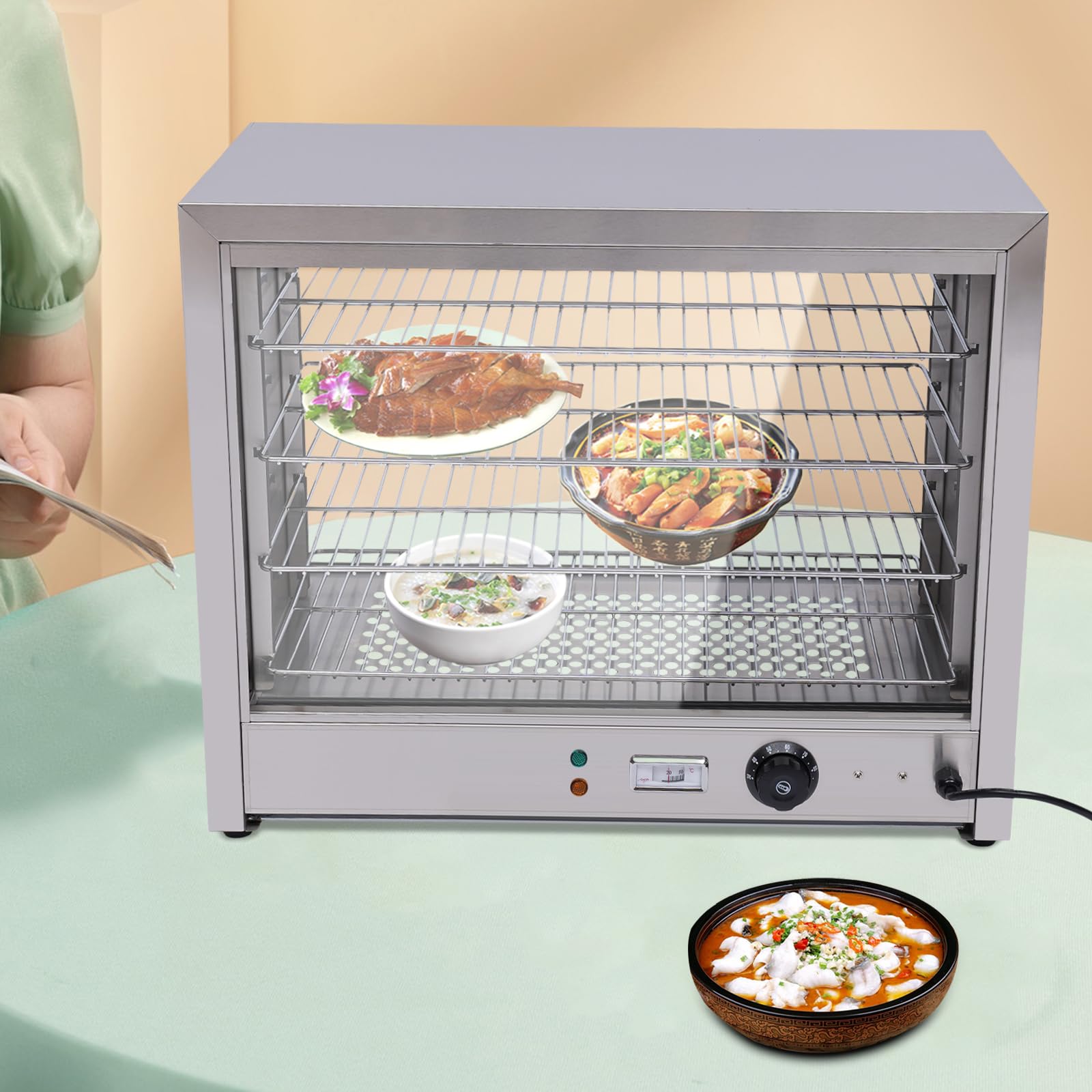 Speisenwärmer 800W – Gewerbliche Wärmevitrine mit 4 Etagen – Thekenvitrine beheizt für Gastronomie – Edelstahl Lebensmittelwärmer mit Einstellbarer Temperatur für Bäckerei, Imbiss, Restaurant