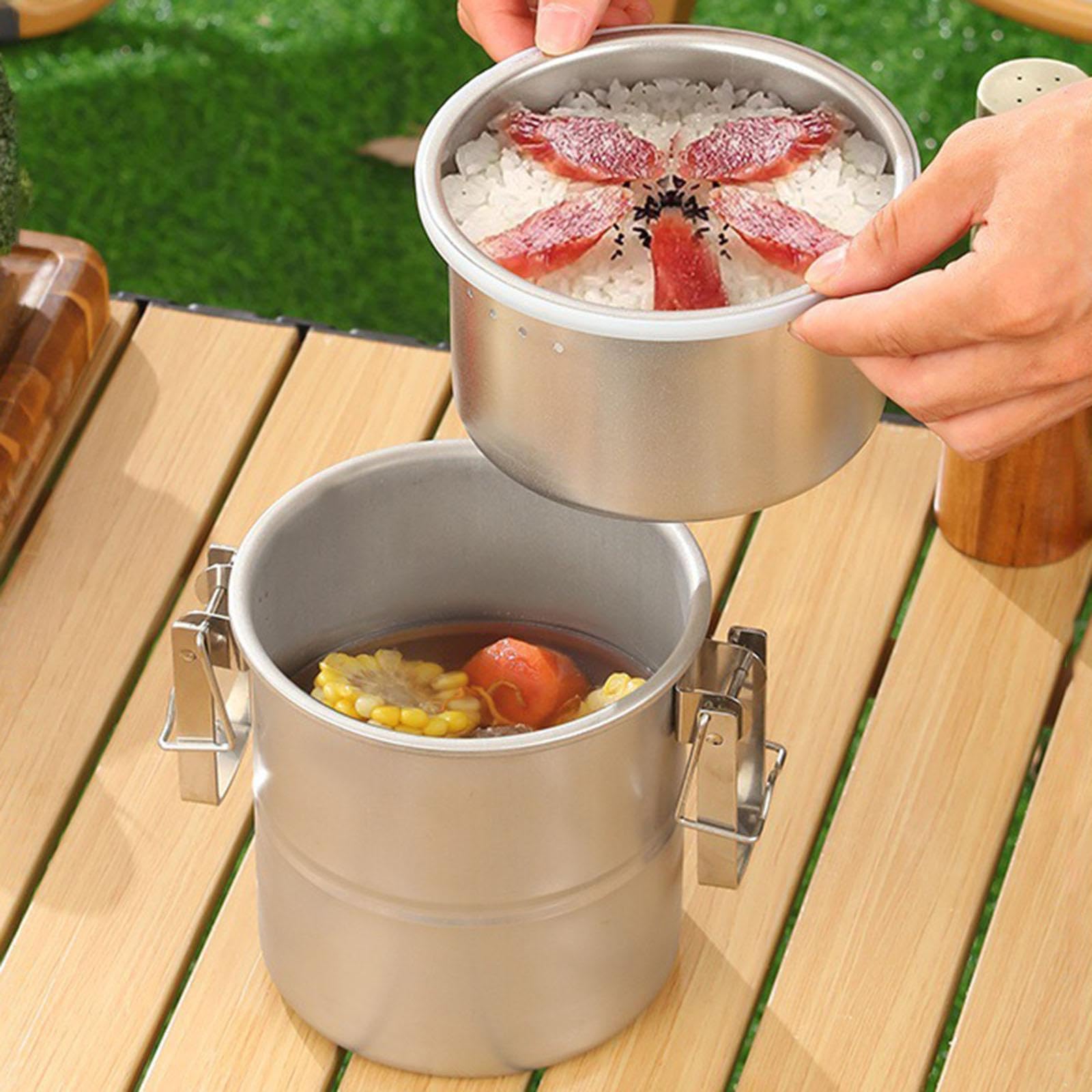 Camping Cocina Portátil Olla Antiadherente Multifuncional en Acero Inoxidable con Vaporera para Cocinar Adecuada para Mochilero Senderismo Pesca Picni