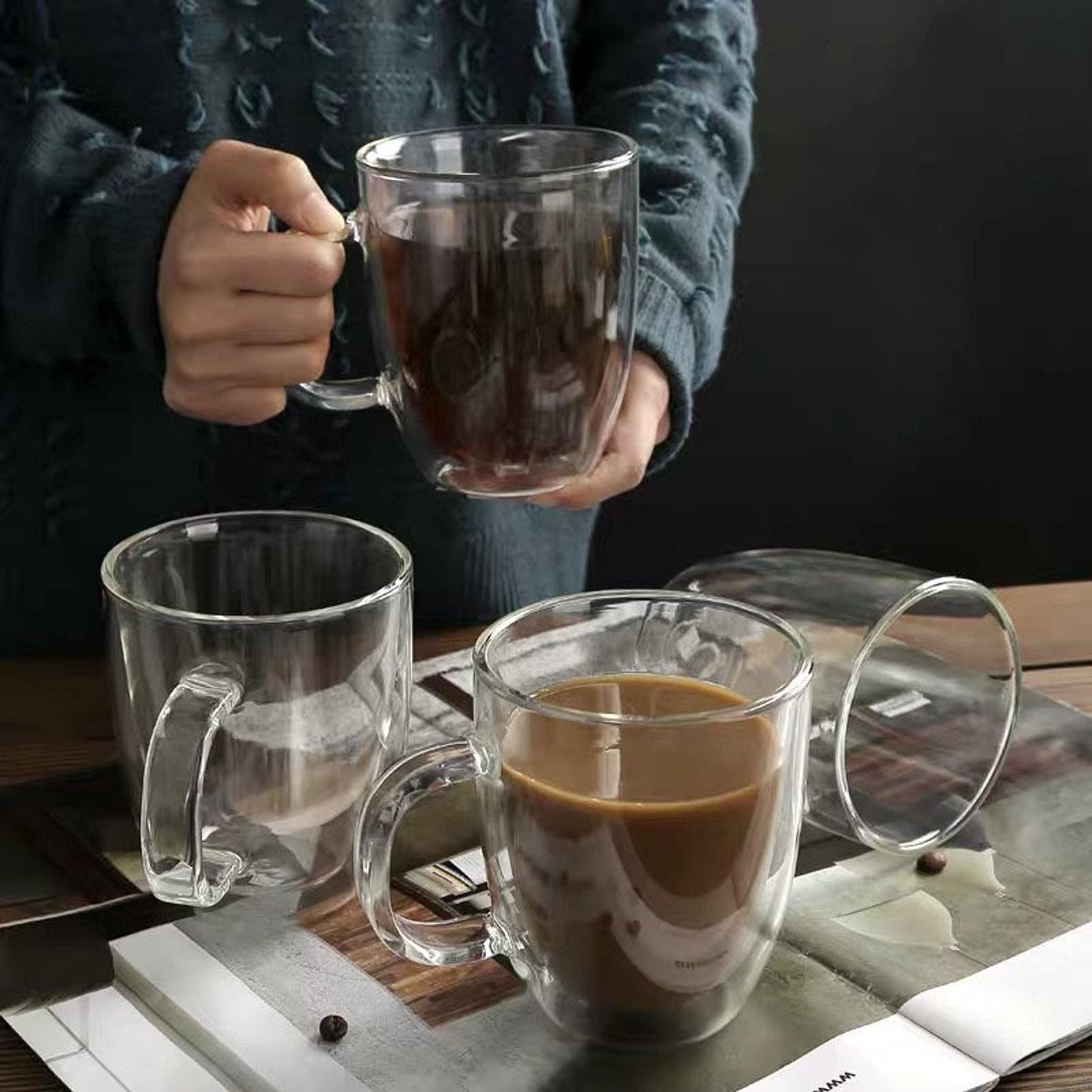 Lot De 4 Tasses à Café En Verre Transparent à Double Paroi Avec Poignée, 350 Ml, Tasse à Café Isotherme Pour Latte, Cappuccino, Boisson Chaude/froide, Thé Noir