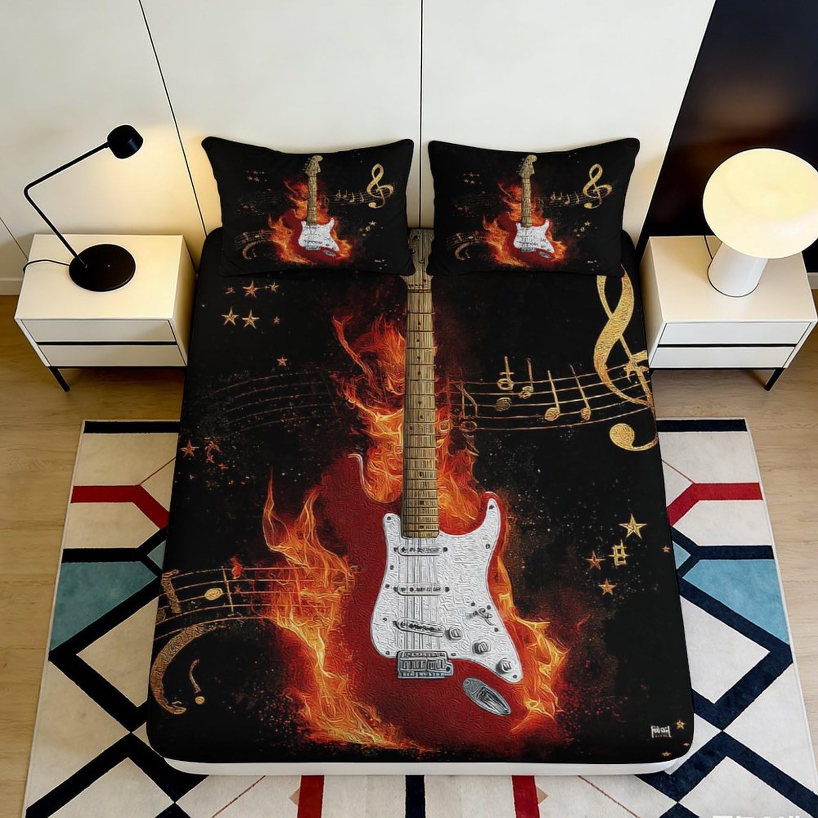3D Printed Flaming Guitar Fitted Sheet Microfiber Soft Black Musical Notes Bed Sheet for Bedroom Dorm Mattress Decor 90x200x25cm