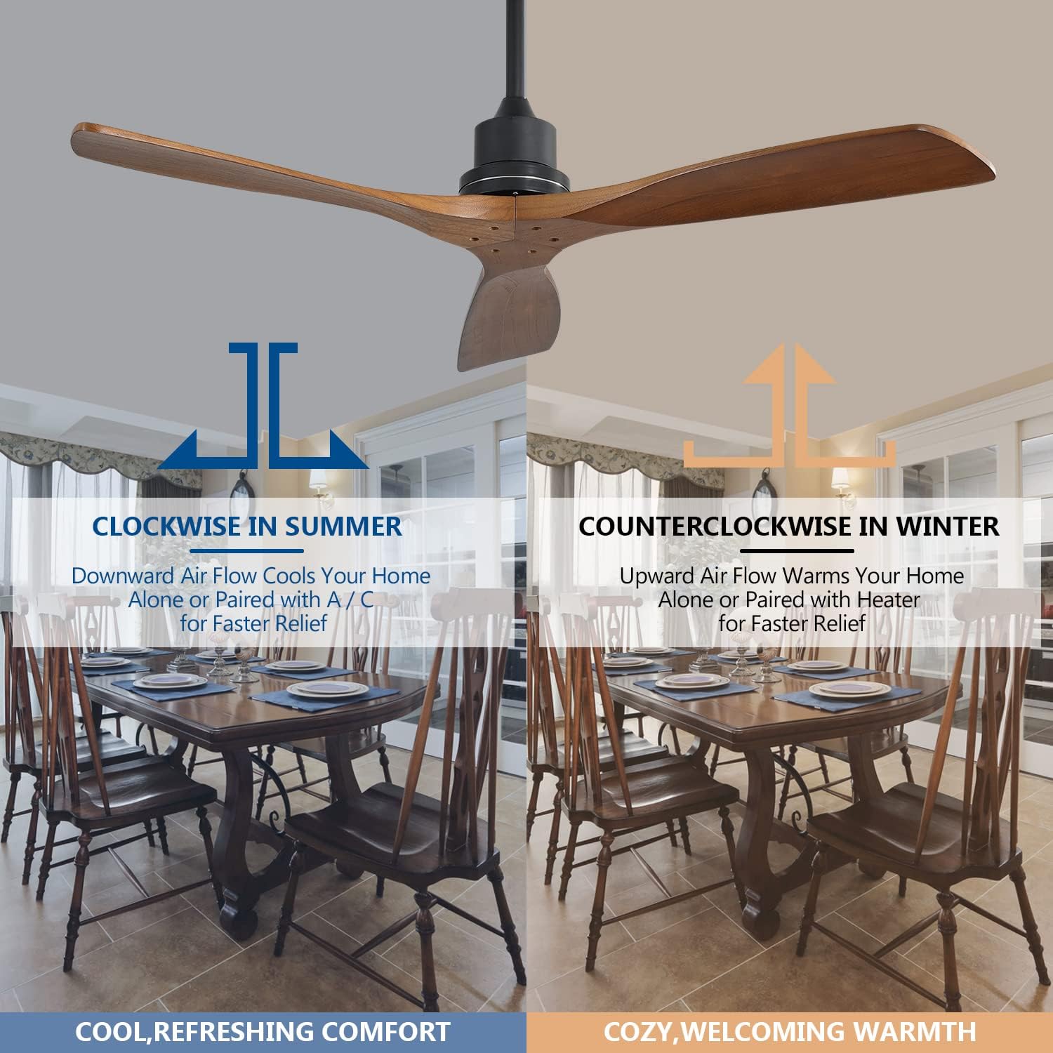 52inch Outdoor Farmhouse Ceiling Fan with Remote Control Solid Wood Fan Blade Reversible Motor, Weather-Resistant, Outdoor Durability