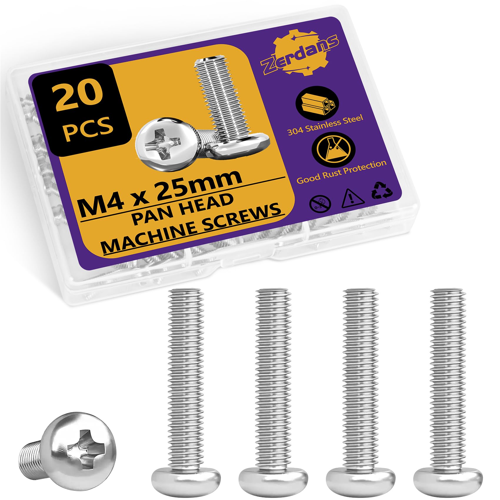 M4 x 25mm Machine Screws, 20PCS Pan Head Machine Screws 304 Stainless Steel Metric Assortment, Truss Head Bolts, Full Thread, Phillips Drive for