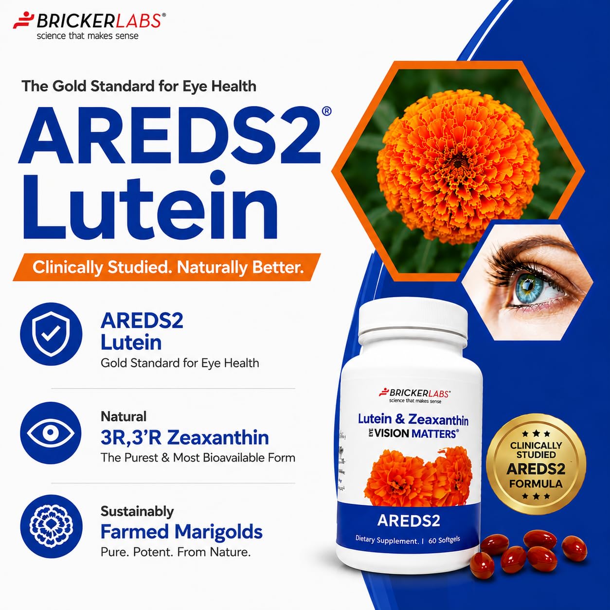 Bricker Labs Natural Lutein + Zeaxanthin Eye Supplement – Supports Eye, Brain, and Skin Health with Macular Carotenoids, Superior Bioavailability, AREDS2 Chosen Lutein Source – 60 Soft Gels — Amazon image 2