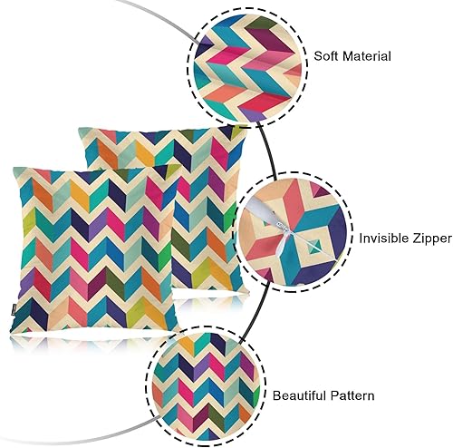 Miniatura 7 de Swono Juego de 2 fundas de almohada cuadradas de 18 x 18 pulgadas, diseño de rayas cheurón, diseño de arco iris, zigzag, espiga de espiga, fundas