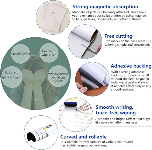 Miniatura 3 de Papel magnético de borrado en seco con adhesivo, película de pizarra blanca de 47 x 23 pulgadas para pared, fácil de escribir y limpiar, pizarra de