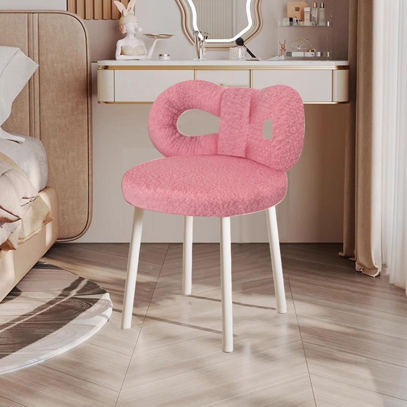 Balurukt Pink Living Room Chair Vanity Stool With Bowknot Backrest Adjustable Armless Makeup Chair For Living Room & Bedroom Faux Wool Seat Heavy Duty Metal Legs Non-Slip Pads Versatile Dressing Stool