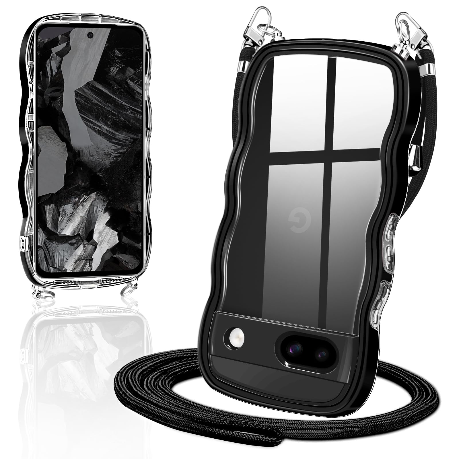 Google pixel 8a 用の ケース ショルダー なみなみ クリア TPU ピクセル 8a スマホケース カバー 創意 個性 肩掛け 首掛け 斜めかけケース 可愛い かわいい 韓国 透明 耐衝撃(ブラック)